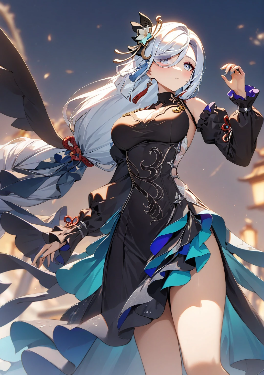 (((1 girl))), shenhe, Genshin impact, original hair style, white Hair, silver eyes , long hair, large breasts, alternate costume, blush, Vibrant and colorful water splash, Organza lace, Gorgeous and elaborate clothes, Gothic, High quality fabric, flight, green, (colorful), Bold, Gradient blend, Motion Blur, Sparkling Texture, Dynamic configuration, Atmospheric perspective, Soft Focus, (Highest quality:1.4, Very detailed, up to date, Vibrant, Ultra-high resolution, High Contrast, masterpiece:1.2, Best aesthetics).