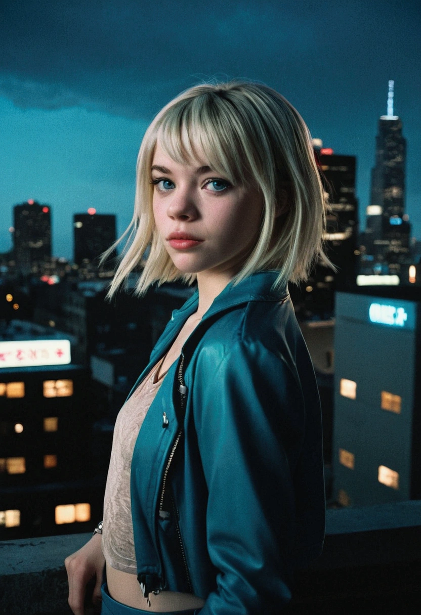 analog film photo, photo of a Gwen Stacy from Into the Spider-Verse, blonde emo shag undercut, blue eyes, resembles Hailee Steinfeld, posing above an apocalyptic city skyline, nighttime, RAW Photograph, dslr, soft lighting, high quality, film grain, Fujifilm XT3, detailed skin with visible pores, insane details, masterpiece, 8k, 35mm photograph, dslr, kodachrome, faded film, desaturated, grainy, vintage, Lomography, stained, highly detailed, found footage, full-body shot