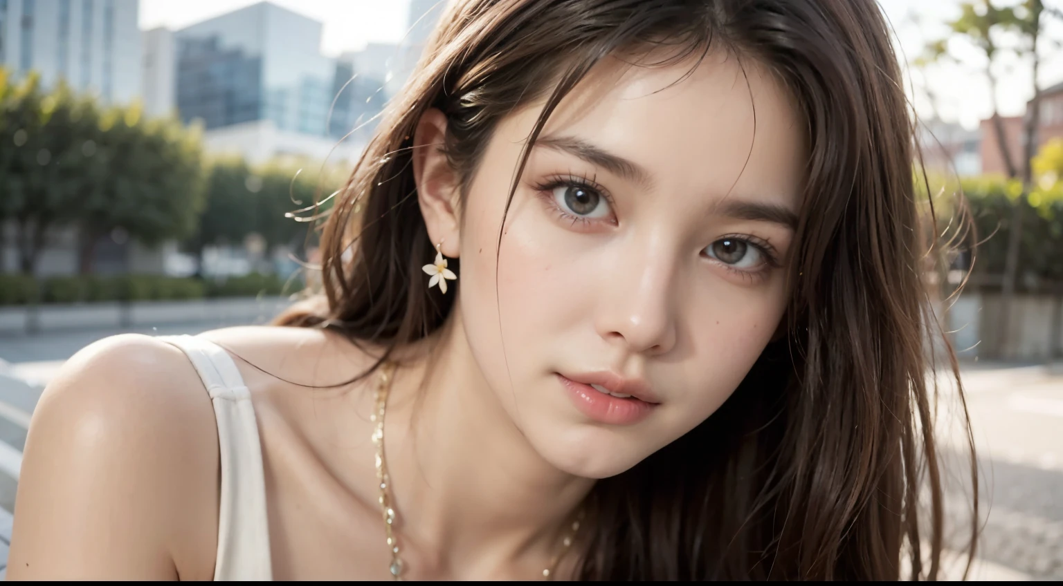 random posture,1 girl,seduce, beautiful breasts, Lips, realistic, picture_\(middle\), alone, (table top),(picturerealistic:1.3), very detailed, (high detailed skin:1.2),(best quality:1.0), (Super high resolution:1.0), (Ulzzang-6500:0.3), beautiful and clear eyes, delicate necklace,sunlight, (Beautiful detail makeup), (Sexual arousal Blushing Heavy breathing:1.0), (soft light flowers:0.5),
