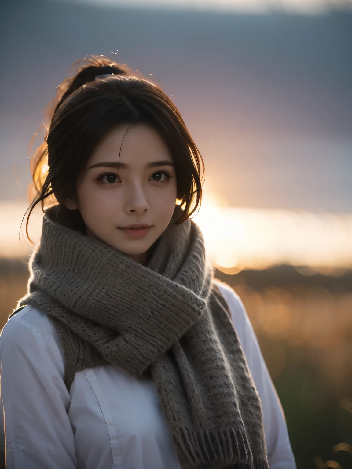 8K, best quality, masterpiece, realistic, ultra detail, photo realistic, Increase quality, a photo of a girl standing in a field with a scarf, in the style of dark and brooding designer, voluminous mass, photobash, serene faces, jagged edges, navy, natural beauty, 
