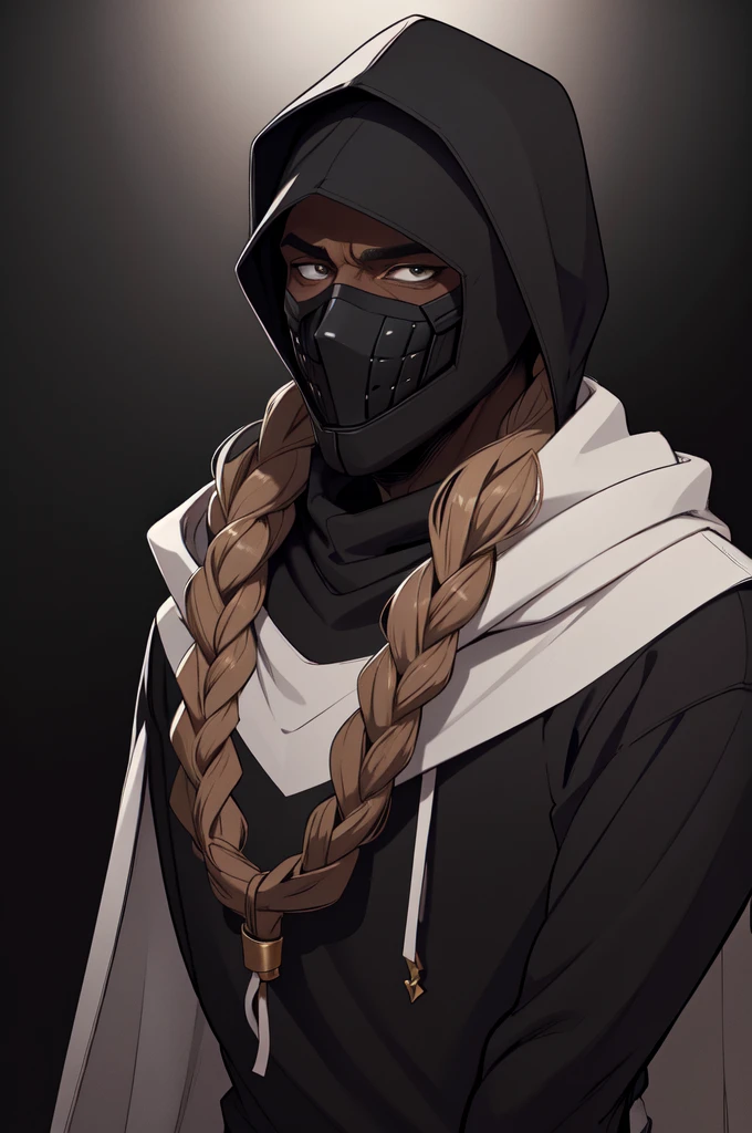 (work of art,best qualityer,absurderes),A dark-skinned male character, with braided hair. He wears a black mask, similar to the iconic Anonymous mask, and a hood that covers your head. The scene is set against a completely black background., increasing the character&#39;s air of mystery and anonymity. Inspired by Taiyō Matsumoto&#39;s distinct art style and featured on Pixiv, The character&#39;s design mixes influences from the Shin Hanga artistic movement with the modern aesthetic of the 2021 anime, especially "Demon Slayer" and Trigger productions. The result is an attractive anime-style character, with a strong visual presence, standing out for its combination of traditional and contemporary elements., pub \(place\), neon lights, light particles, looking ahead at viewer,