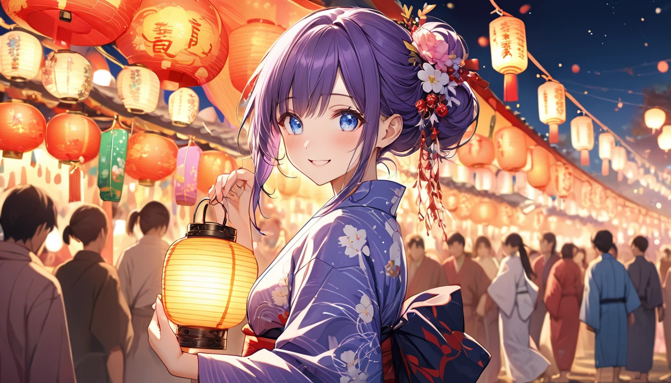 **187. One person。Festivals and events。girl。Cowboy shot or close-up。masterpiece, best quality, ultra detailed (Detailed fingers), (Emotional), (main part: 1.2 Whole body。), (Anime Style), (Very detailed), (Festive), (超High resolution, High resolution), (8k), (High resolution: 1.2), (Complex and beautiful: 1.2)**
- background: Night Festival、The lanterns shine。
- girl: A gorgeous yukata with delicate designs、Purple hair and blue eyes。
-pose: Holding a lantern、Enjoying the excitement of the festival。
-expression: A happy smiling face、His eyes are fixed on the surrounding scenery。
- Effects: The light of the lantern illuminated her face、Creating a festival atmosphere。
-color: The warm light of the lanterns and the vivid colors of the yukatas、Festiveな雰囲気を作り出す。
