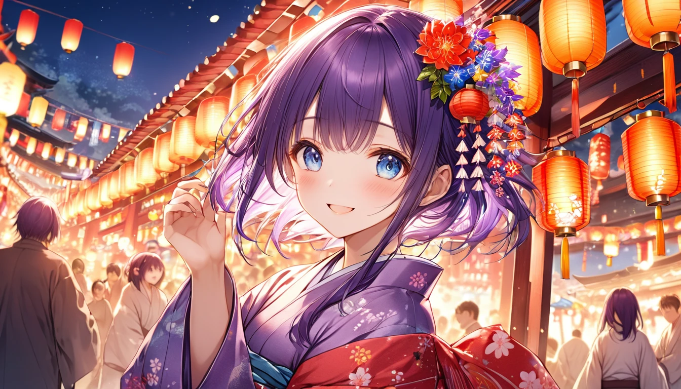 **187. One person。Festivals and events。girl。Cowboy shot or close-up。masterpiece, best quality, ultra detailed (Detailed fingers), (Emotional), (main part: 1.2 Whole body。), (Anime Style), (Very detailed), (Festive), (超High resolution, High resolution), (8k), (High resolution: 1.2), (Complex and beautiful: 1.2)**
- background: Night Festival、The lanterns shine。
- girl: A gorgeous yukata with delicate designs、Purple hair and blue eyes。
-pose: Holding a lantern、Enjoying the excitement of the festival。
-expression: A happy smiling face、His eyes are fixed on the surrounding scenery。
- Effects: The light of the lantern illuminated her face、Creating a festival atmosphere。
-color: The warm light of the lanterns and the vivid colors of the yukatas、Festiveな雰囲気を作り出す。