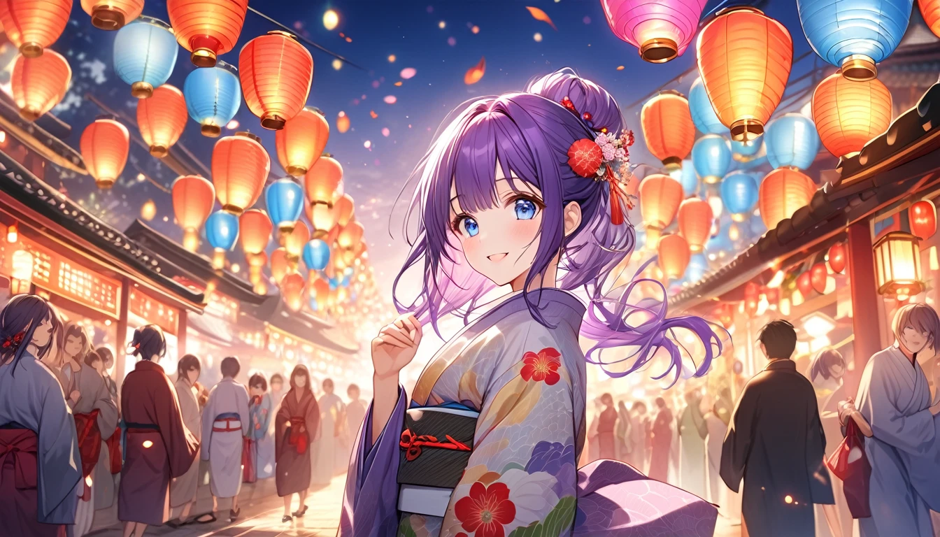 **187. One person。Festivals and events。girl。Cowboy shot or close-up。masterpiece, best quality, ultra detailed (Detailed fingers), (Emotional), (main part: 1.2 Whole body。), (Anime Style), (Very detailed), (Festive), (超High resolution, High resolution), (8k), (High resolution: 1.2), (Complex and beautiful: 1.2)**
- background: Night Festival、The lanterns shine。
- girl: A gorgeous yukata with delicate designs、Purple hair and blue eyes。
-pose: Holding a lantern、Enjoying the excitement of the festival。
-expression: A happy smiling face、His eyes are fixed on the surrounding scenery。
- Effects: The light of the lantern illuminated her face、Creating a festival atmosphere。
-color: The warm light of the lanterns and the vivid colors of the yukatas、Festiveな雰囲気を作り出す。