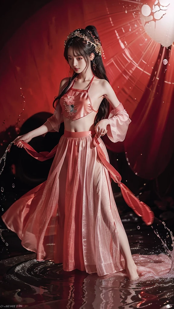 , Su Daji, fantasy style, long skirt (light red), long hair (pink), water (multiple splashes), black background, light leakage,