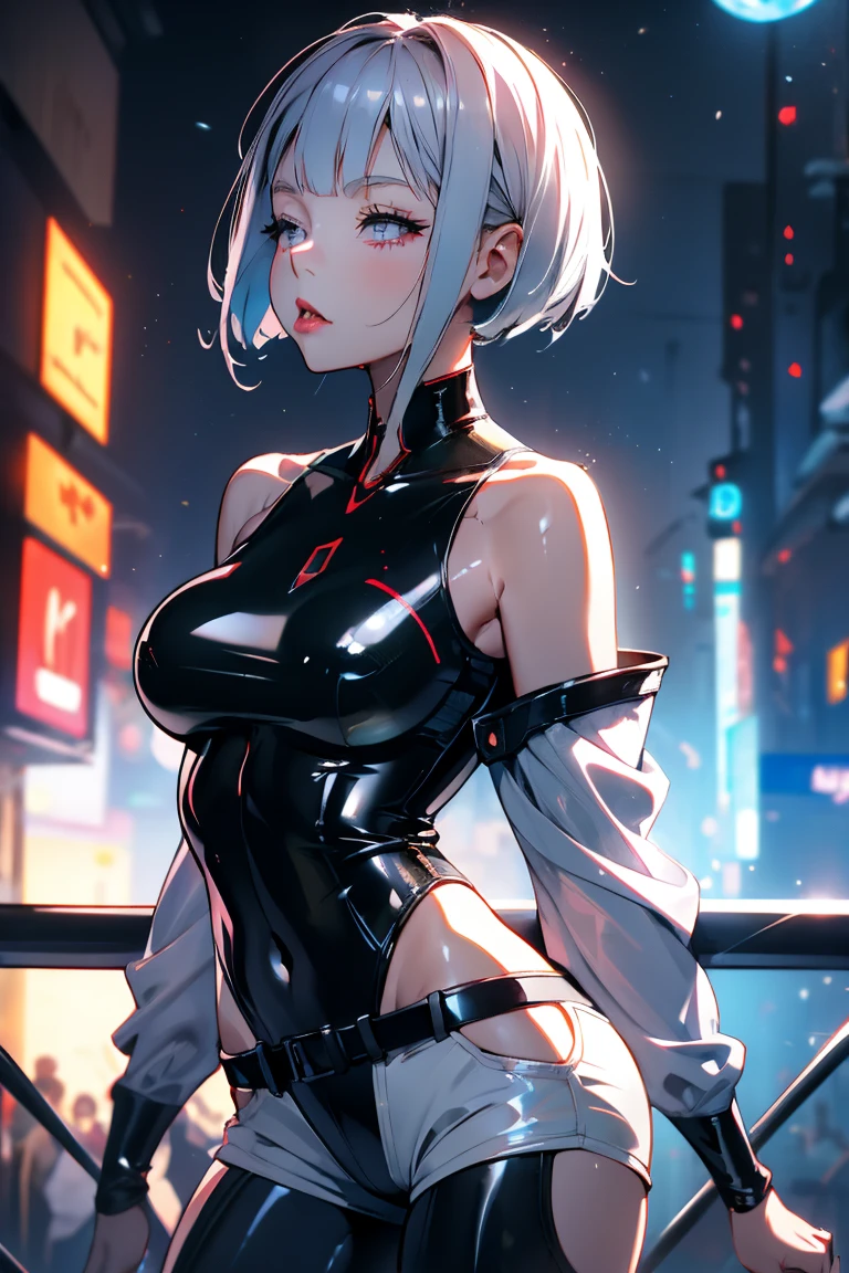 Woman with open mouth and closed eyes, ((Shiny skin))、((Wet and shiny tongue)) , yberpunk , lucy \(cyberpunk\), 1girl, against railing, arm rest, bangs, bare shoulders, belt, black belt, black leotard, black pants, blurry, bob cut, breasts, building, cigarette, cityscape, clothing cutout, cropped jacket, cyberpunk, depth of field, from side, gradient eyes, grey eyes, grey hair, holding, holding cigarette, jacket, short hair with long locks, short shorts, shorts, sidelocks, 