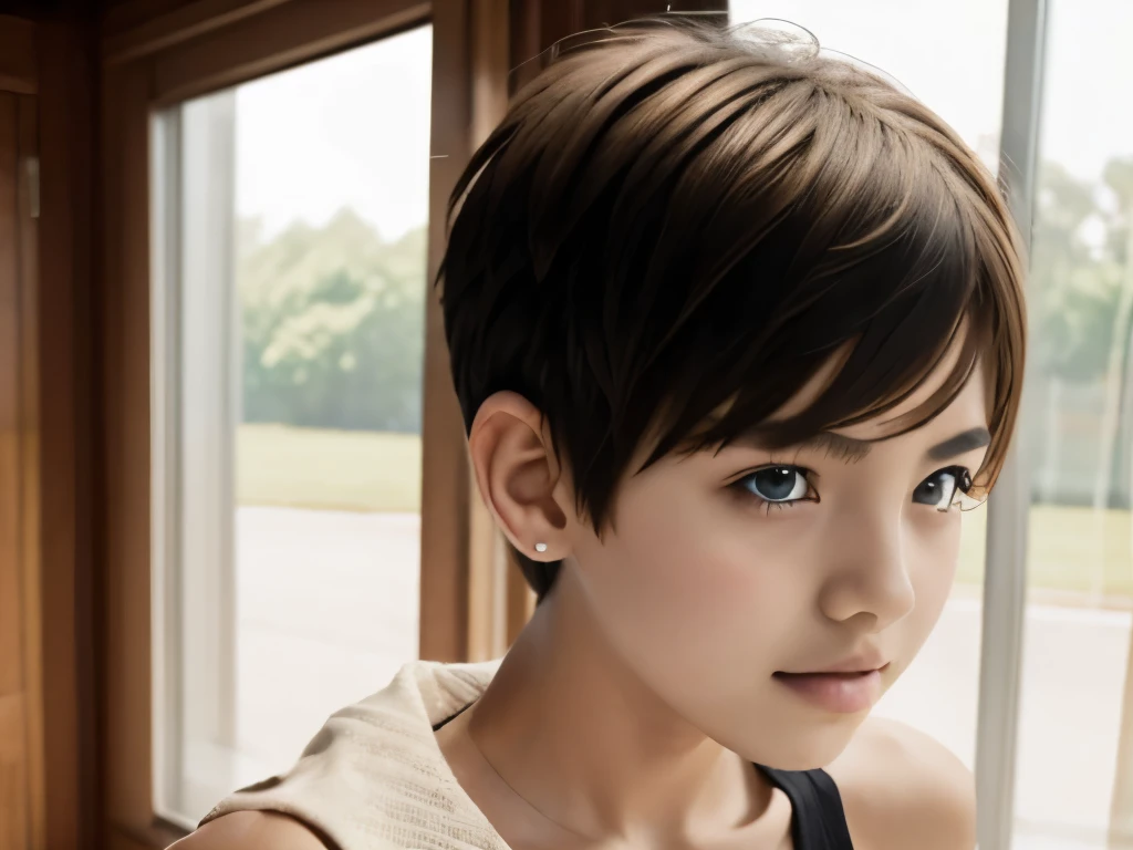 A 13 year old beautiful and slim girl with short hair. Tomboy hair style. Breast can be seen.