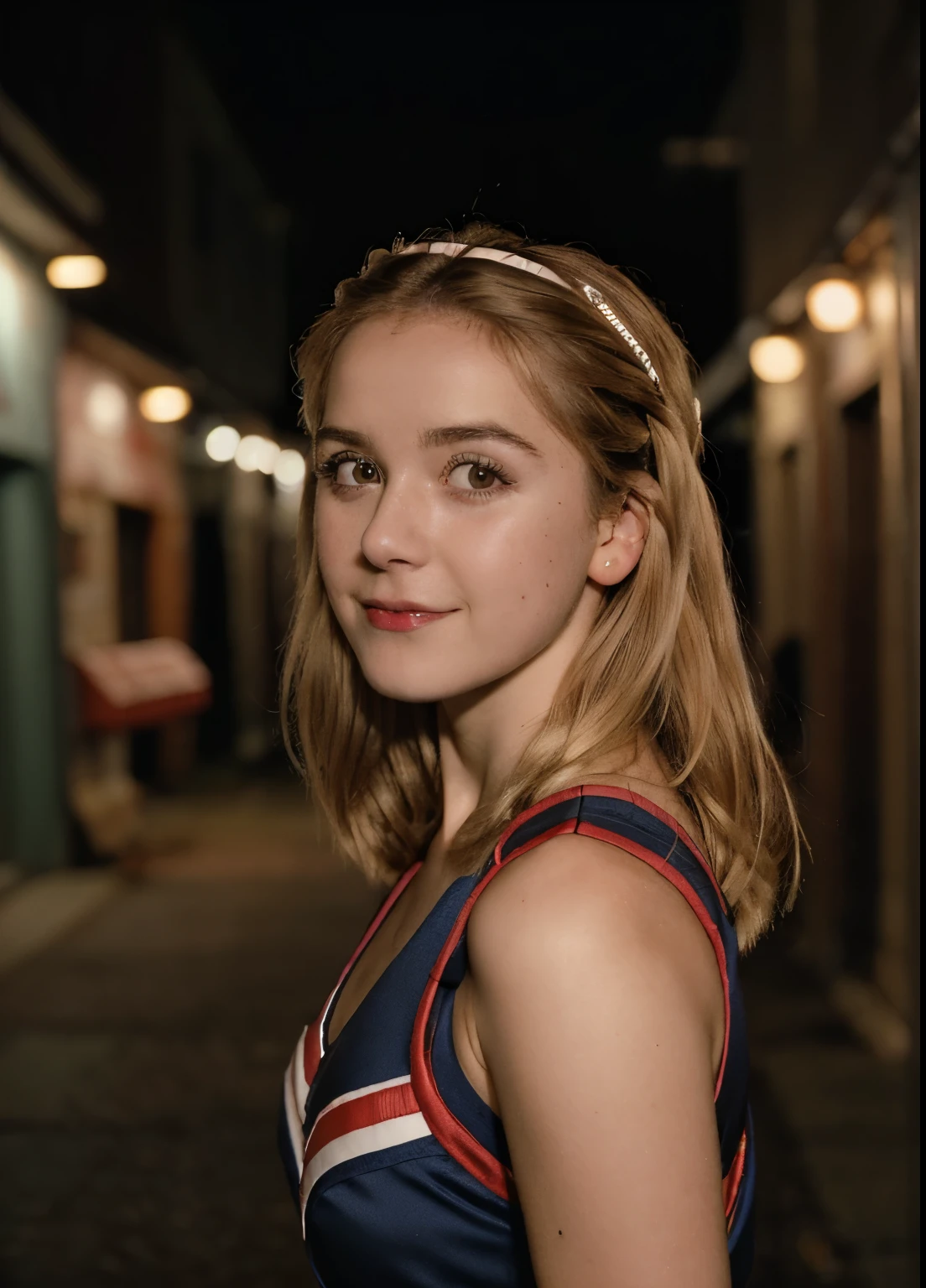 35mm, Fuji Superia 1600, ISO-1200, f/4, 0, 1/60, a night time, dimly lit close-up shot photo of ((sks woman:1.2)) wearing a ((cheerleader outfit)), in a small town alley with faraway cars passing behind her
