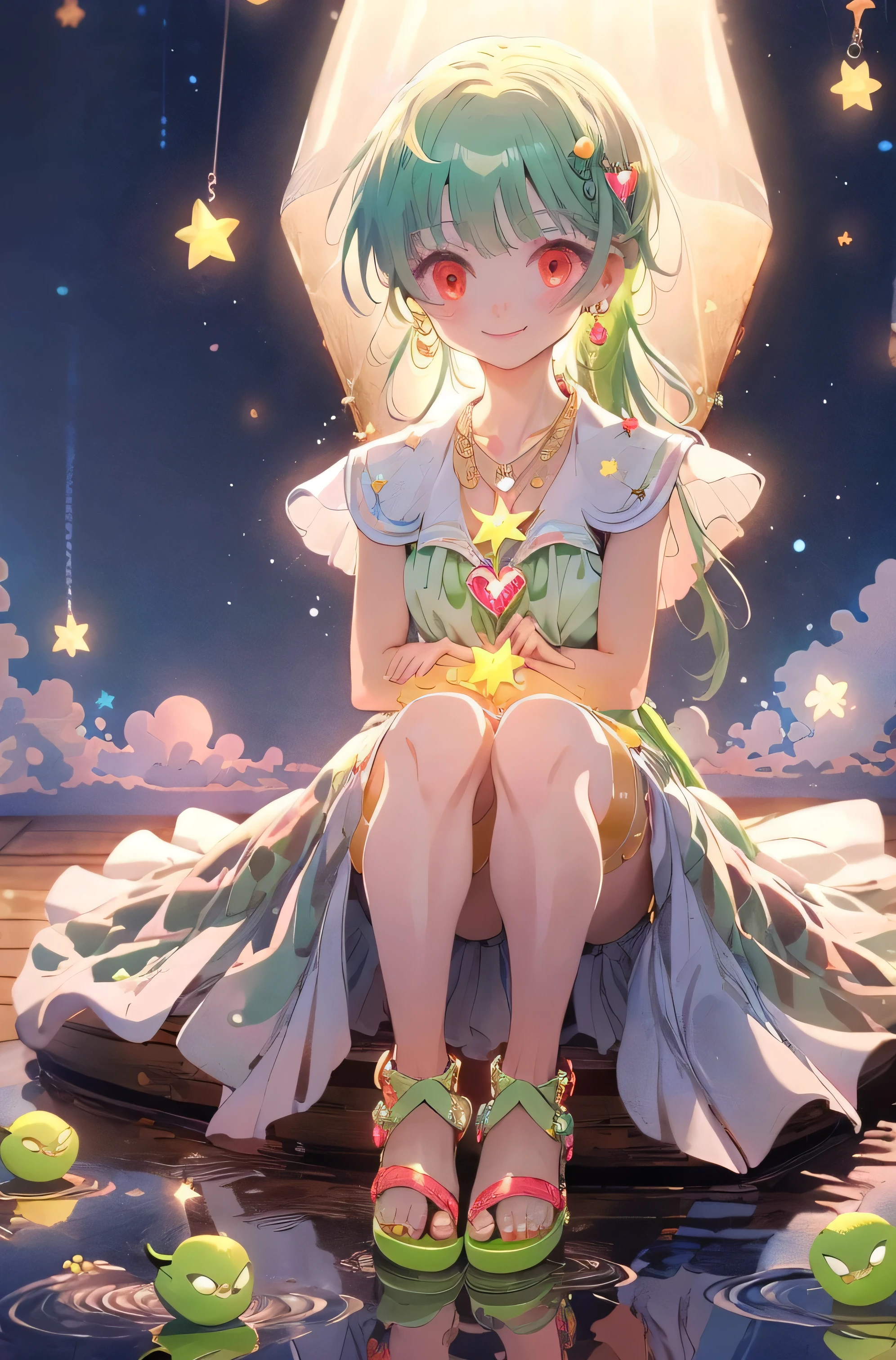 (best quality, masterpiece:1.2), sparkle, back lighting, side view, stars, smirk, Mitsuhara-Cream, red eyes, ((hugging own legs)), (lime green hair), (swept bangs), long twisted side fringe, long high ponytail, long hair, silver heart shaped necklace on chest, wearing plain white sleeveless mini dress, tan sandals, 