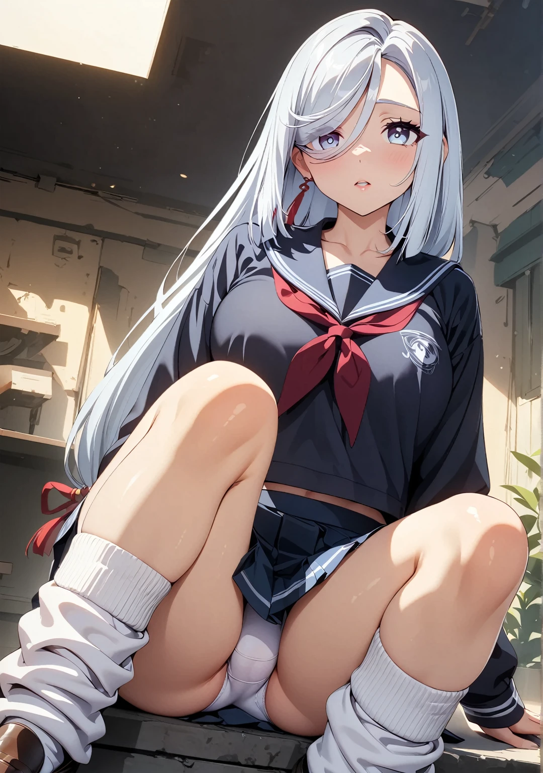 (highest quality:1.2, 4K, 8k, Studio Anime, Very detailed, Latest, Vibrant, High detail, High Contrast, masterpiece:1.2, highest quality, Best aesthetics), (((1 girl))), Shenhe , Genshin impact, white hair , long hair, silver eyes, original hair style, Sit and pose, jk, Sailor suit, Pleated skirt, loose socks, loafers, Please open your mouth a little:1.2, Dynamic Angle, look up:1.3, Friendly atmosphere, Beautiful Hair, Shiny Hair, Beautiful Skin, detailed face and eyes, Glossy lips, female curvy beauty, Striking contrast,