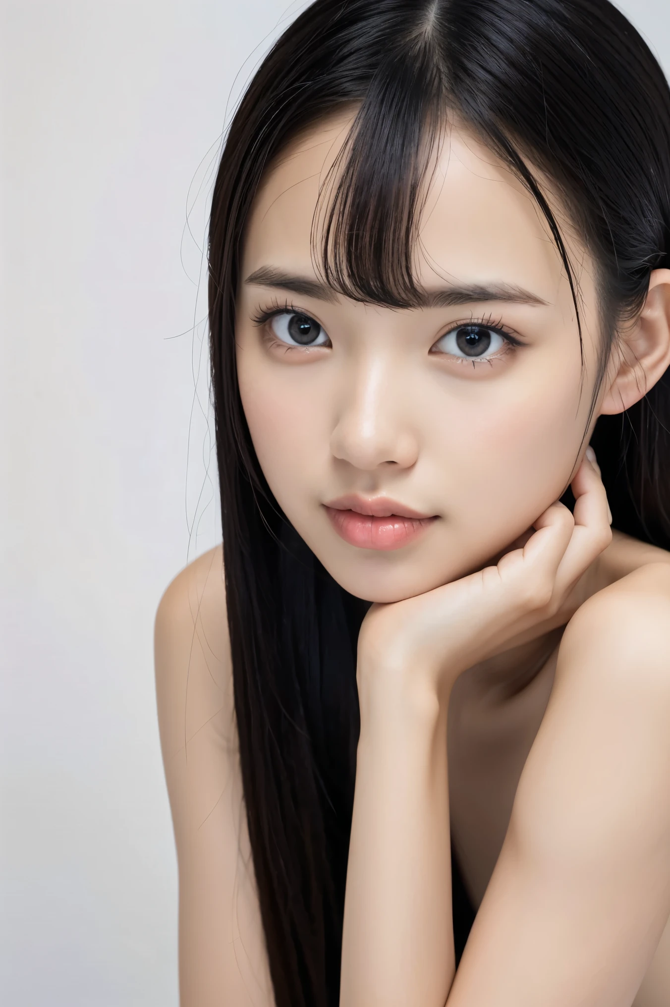 (Highest quality、Tabletop、8k、Best image quality、Award-winning works)、(The simplest pure white background:1.3)、(cold, Expressionless:1.1)、(nude:1.4)、(Face close-up:1.2)