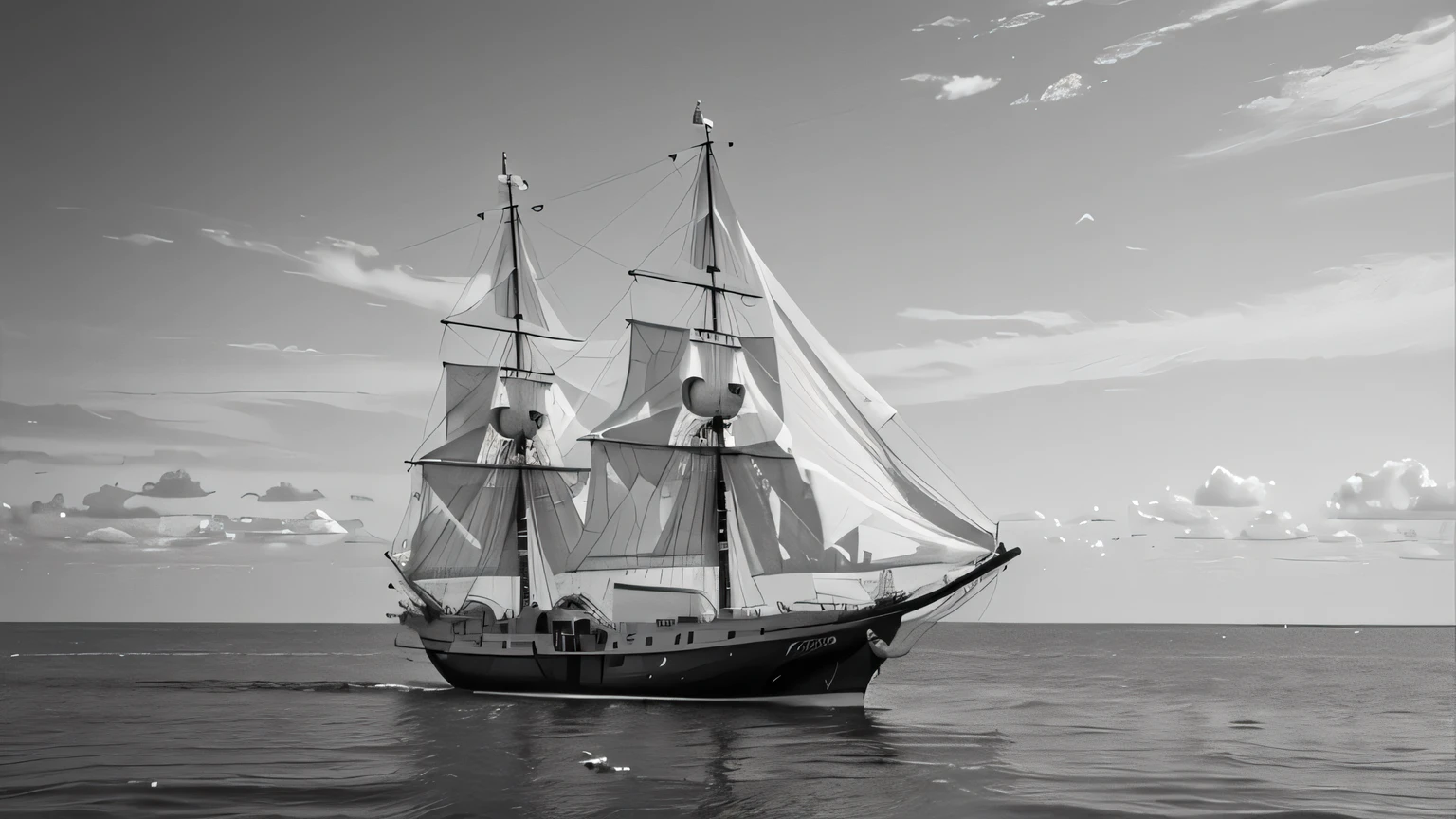 magem kinematics, grayscales, hight contrast, ultra detalhada, tropical scenery. forst, Amazon river, photo realist, 3d, 8k, small schooner with just two (2) masts, only two (2) masts