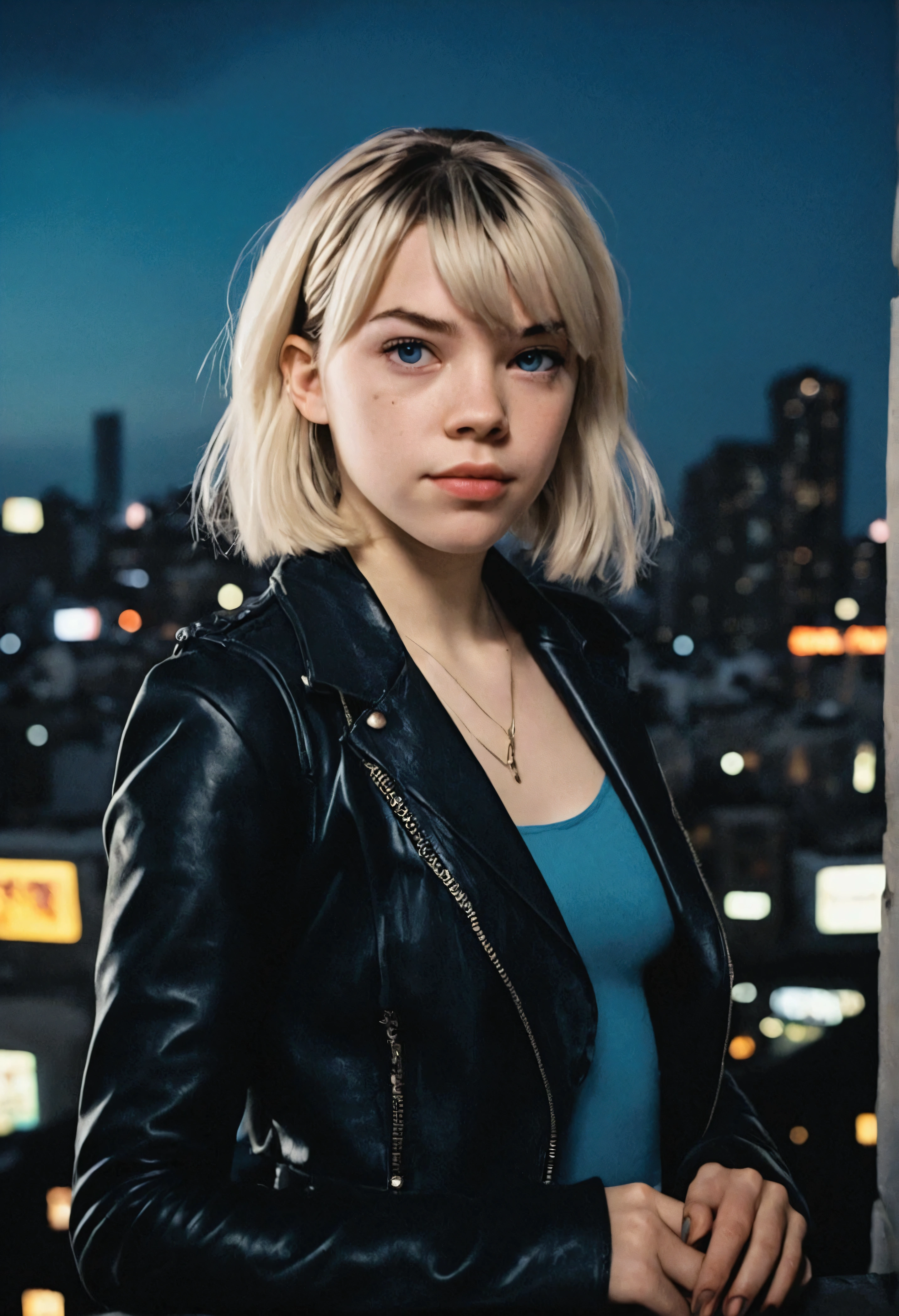 analog film photo, photo of a Gwen Stacy from Into the Spider-Verse, blonde emo shag undercut, blue eyes, resembles Hailee Steinfeld, posing above an apocalyptic city skyline, nighttime, RAW Photograph, dslr, soft lighting, high quality, film grain, Fujifilm XT3, detailed skin with visible pores, insane details, masterpiece, 8k, 35mm photograph, dslr, kodachrome, faded film, desaturated, grainy, vintage, Lomography, stained, highly detailed, found footage, full-body shot 
