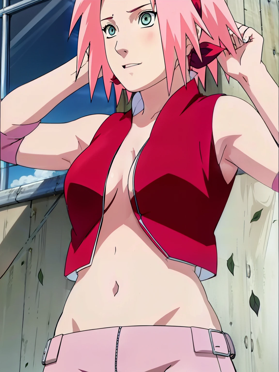 Sakura Haruno showing bra showing armpit open blouse open zipper ripped blouse open shirt ripped shirt showing sexy chest and belly.