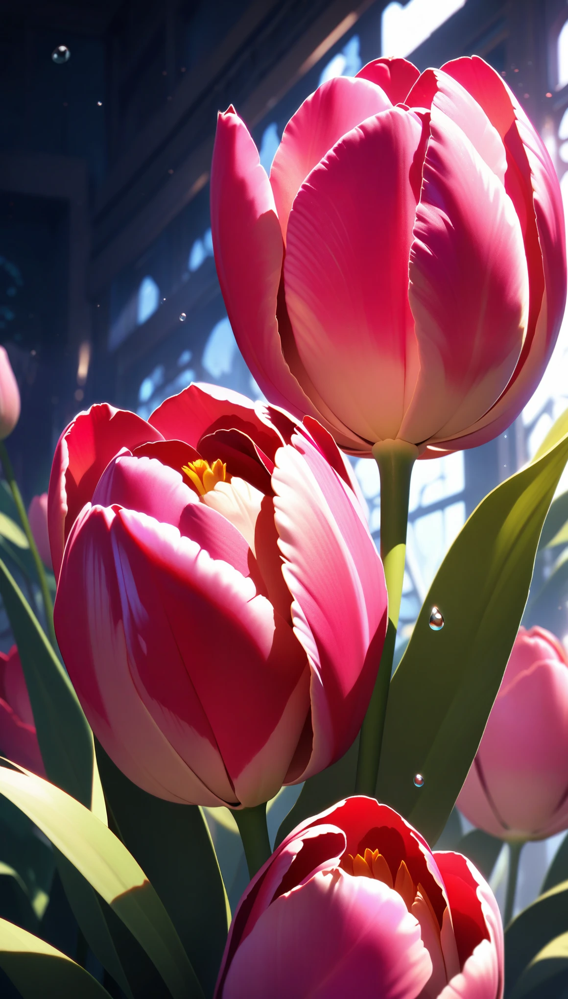 Masterpiece, Best Quality, Super Detailed, High Definition, Expensive Resolution, HDR, Super Detailed CG, Beautiful Details, Depth, Fine Texture, Super Fine, Complete concentration, single tulip, vibrant colors, delicate petals, lush green stem and leaves, dew drops, natural lighting, soft focus, intricate details, elegant and graceful, blooming tulip, macro photography, colorful background, artistic composition, realistic rendering, cinematic light, atmospheric lighting, vibrant and vivid hues, visually stunning, botanical illustration, , adorable, interacting with tulip, wearing a cute dress, innocent expression, soft smile, delicate touch, whimsical atmosphere, fairy-tale-like setting, harmonious blend of nature and childhood