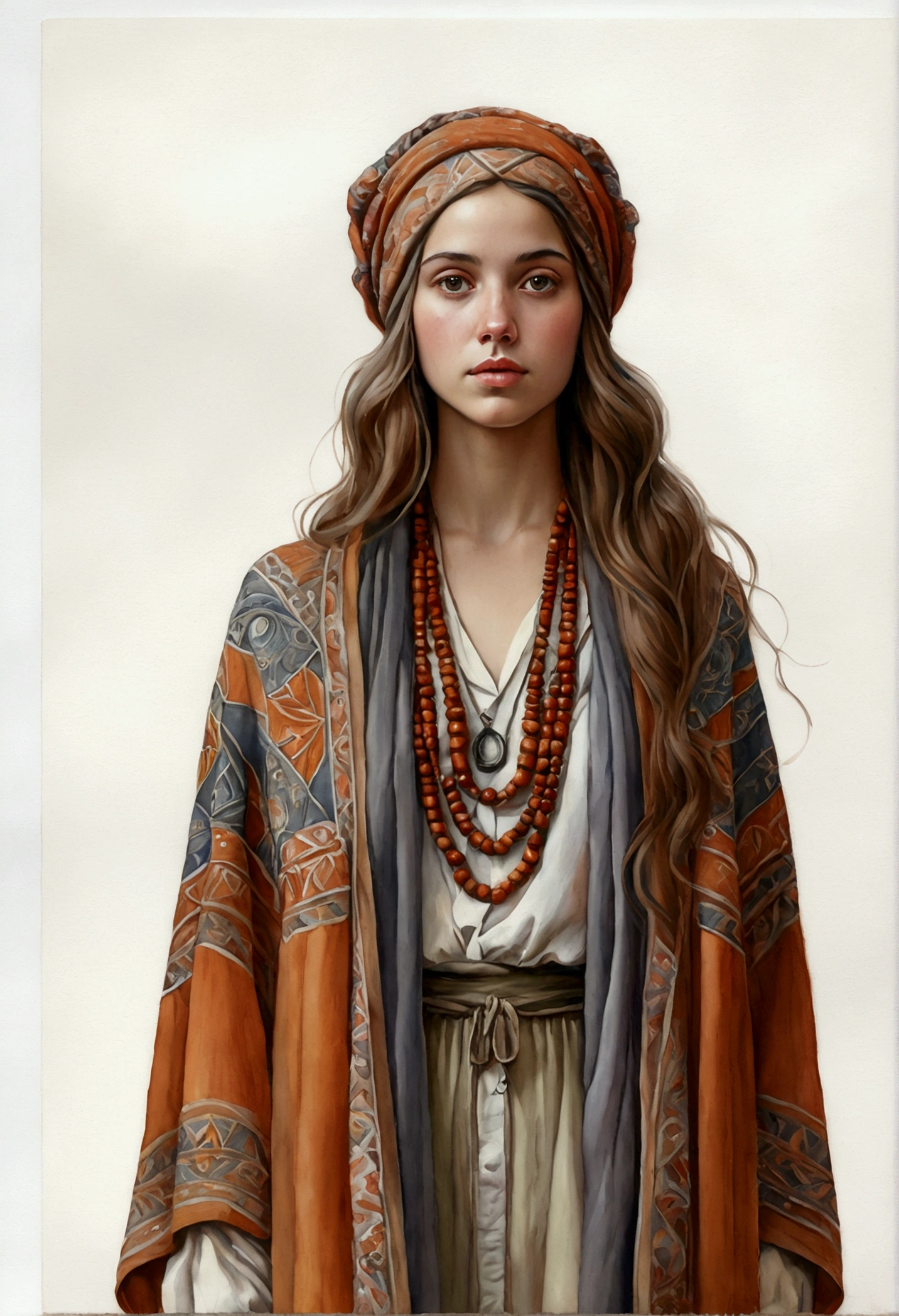 a (fullbody) illustration in a soft style that mixes realism and watercolor of a young woman with an introspective and serene expression. She should be portrayed with long, wavy hair in light brown tones, which falls gently over her shoulders. The young woman wears a bohemian-inspired outfit with detailed patterns and earthy tones, including a colorful orange and gray shawl that partially covers her head. The background should be neutral or white to highlight the character's details, with special attention to the clear and expressive eyes that capture the viewer's gaze. The color palette should include warm, soft tones that complement the style and calm atmosphere of the image.
