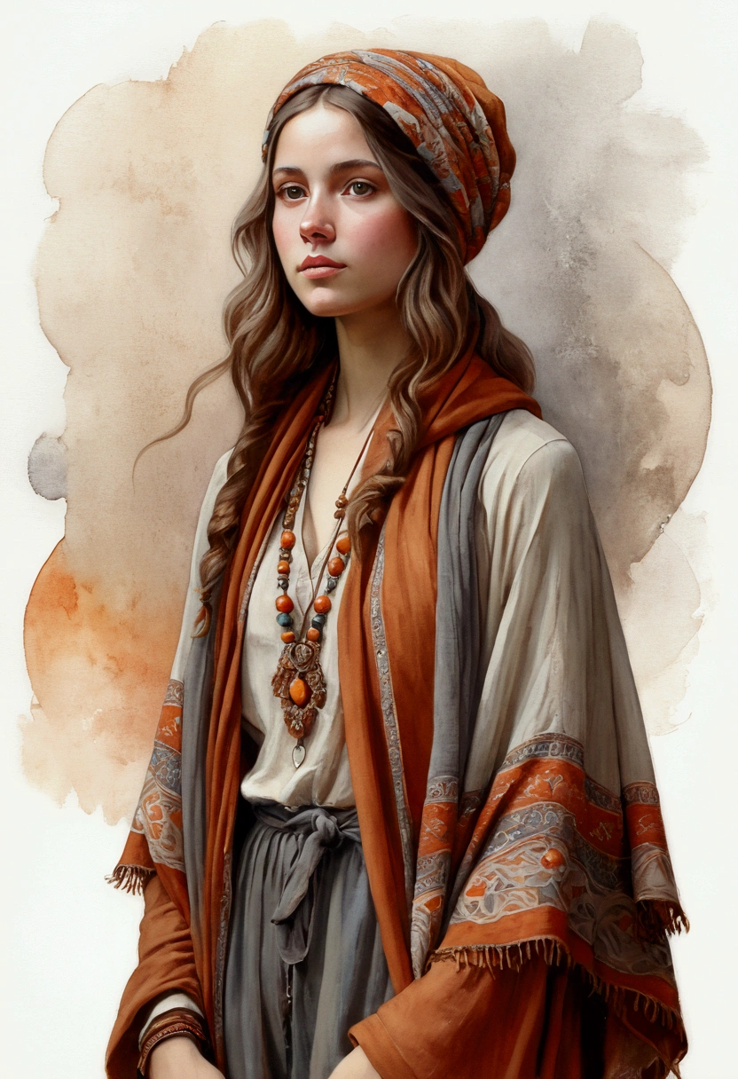 a (fullbody) illustration in a soft style that mixes realism and watercolor of a young woman with an introspective and serene expression. She should be portrayed with long, wavy hair in light brown tones, which falls gently over her shoulders. The young woman wears a bohemian-inspired outfit with detailed patterns and earthy tones, including a colorful orange and gray shawl that partially covers her head. The background should be neutral or white to highlight the character's details, with special attention to the clear and expressive eyes that capture the viewer's gaze. The color palette should include warm, soft tones that complement the style and calm atmosphere of the image.