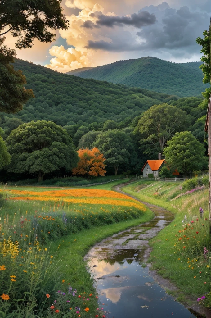 Create a landscape of a serene countryside scene during a gentle summer rain. A cozy cottage with a red roof is nestled near a large, lush green tree. The sky is filled with dramatic, billowing clouds in vibrant shades of orange and yellow, illuminated by sunlight breaking through, creating a striking contrast with the dark blue rain clouds. A narrow, winding path leads to the cottage, bordered by wildflowers in bright red and orange hues, and rich green grass. Small puddles form from the rain along the path. The overall atmosphere is peaceful and picturesque, with a harmonious blend of nature and tranquility, depicted in highly saturated colors to enhance the vividness and charm of the landscape