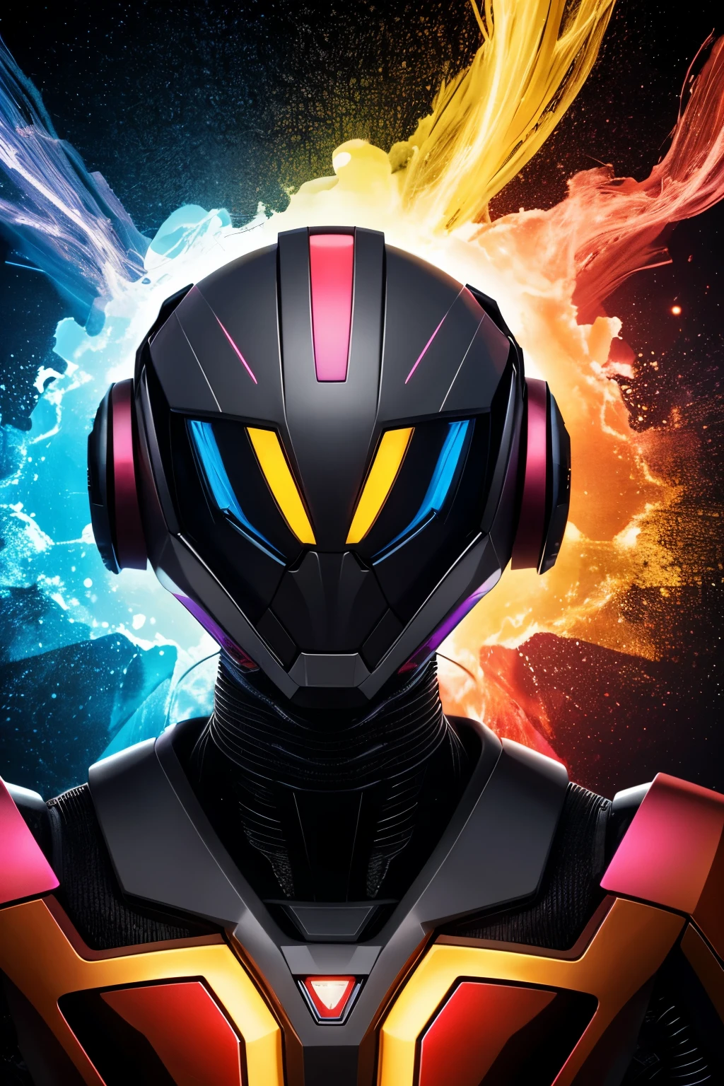 Digital illustration featuring a humanoid robot with a face . The robot has a grayish metallic body with various mechanical components and cables visible. The head is enclosed in a helmet-like structure with large round ear flaps on each side. The most striking feature is the top of the head, that is open and full of vibrant substances, multicolored and molten-like that appear to be dripping down your face. Colors range from bright yellows and oranges to deep blues and purples, creating a rainbow effect. The background is a smooth gradient gray, which helps emphasize the vivid colors and intricate details of the robot. The overall atmosphere of the artwork is both futuristic and surreal..