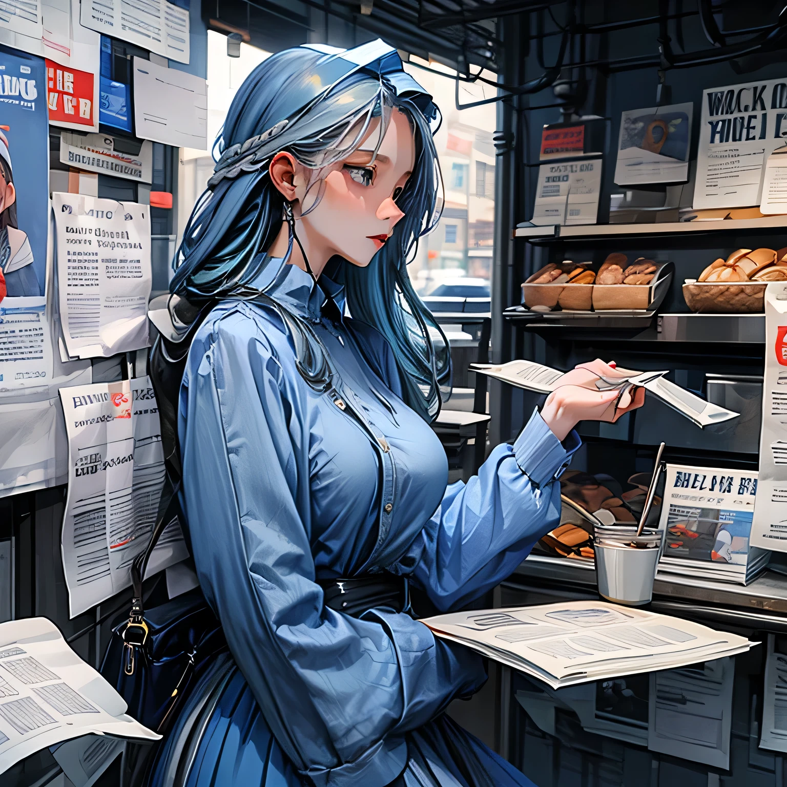 Best Quality,top-quality, Girl focus reading big newspaper in café (blue hair, long hair, blue eyes, big tits, blue clothes)，New York City，Coffee