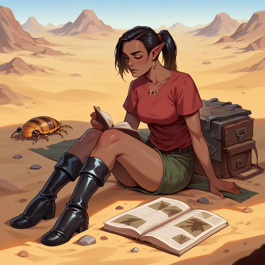 dynamic detailed acrylic painting of a desert cave of golden sand, with arcane banners lying about, vases and broken pots on the ground, beetles and scorpions. A scruffy glamorous female elf in her 30's with dark skin, hair in a ponytail, red shirt, blue miniskirt, black patent over-the-knee boots, sitting and studying while adjusting her shirt