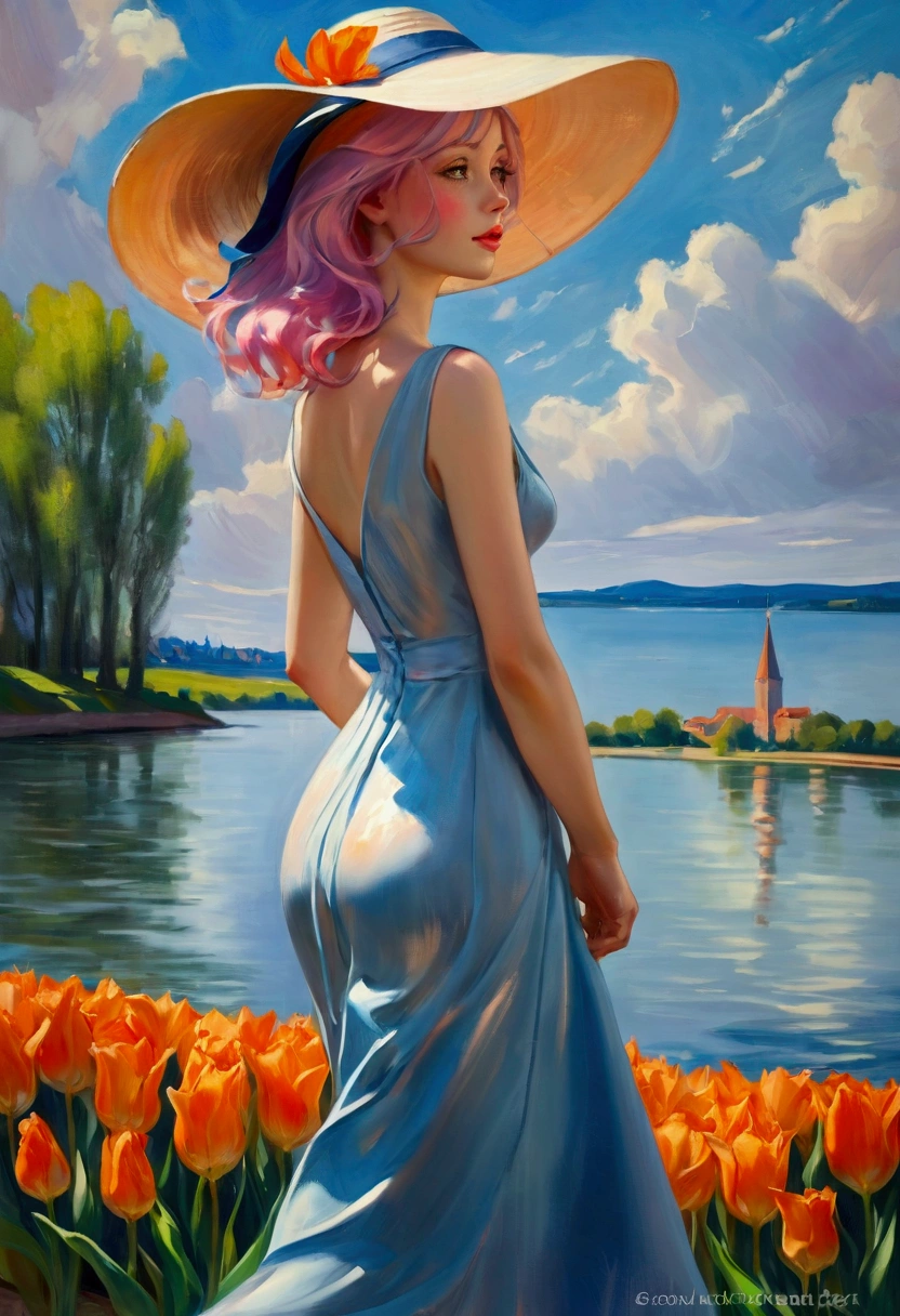 ((Inspired by Charles Camoin)), (Impressionist Painting), 1 Girl，elegant dress，View from the side，Looking at the audience，(Half blue half pink hair)，water，cloud，Sun hat, [Orange tulip flowers], ((best quality, masterpiece)), projected inset,vanishing point,backlighting