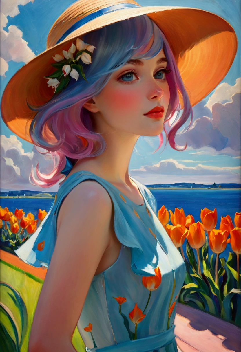 ((Inspired by Charles Camoin)), (Impressionist Painting), 1 Girl，elegant dress，View from the side，Looking at the audience，(Half blue half pink hair)，water，cloud，Sun hat, [Orange tulip flowers], ((best quality, masterpiece)), projected inset,vanishing point,backlighting