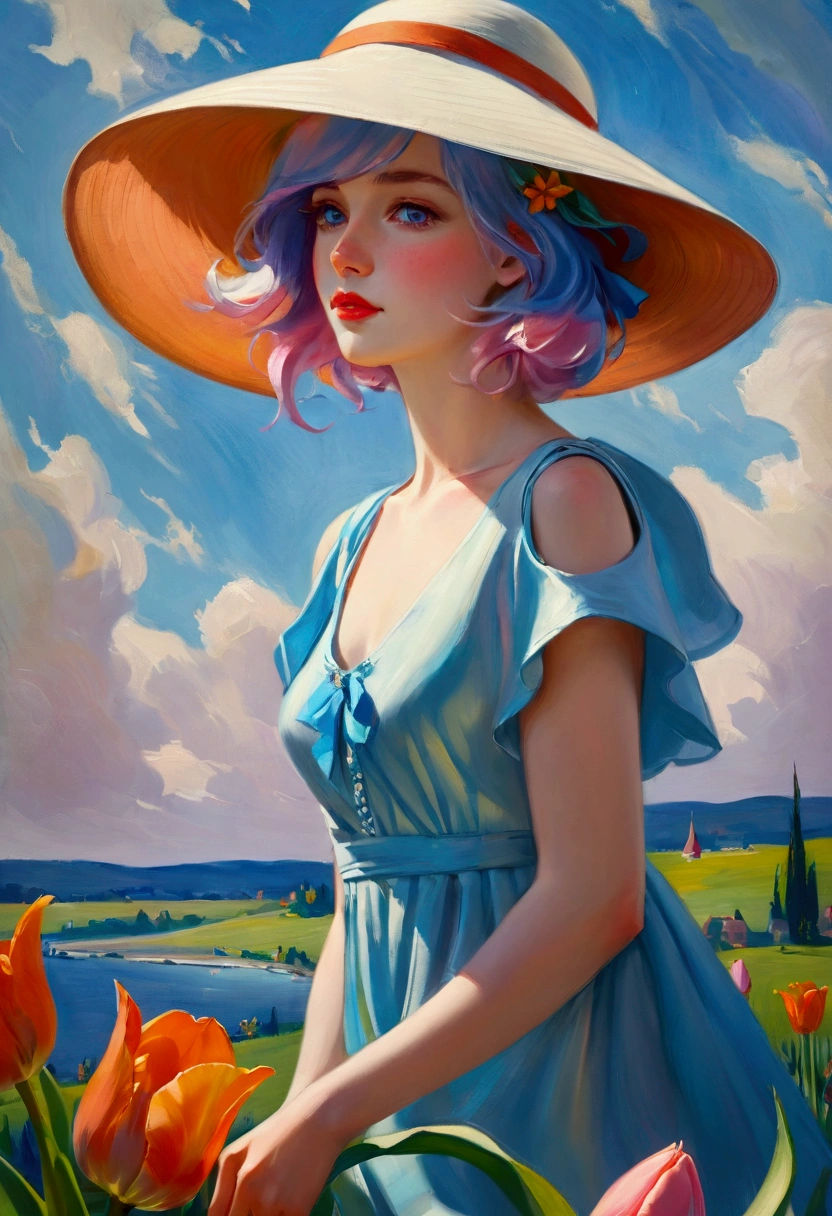 ((Inspired by Charles Camoin)), (Impressionist Painting), 1 Girl，elegant dress，View from the side，Looking at the audience，(Half blue half pink hair)，water，cloud，Sun hat, [Orange tulip flowers], ((best quality, masterpiece)), projected inset,vanishing point,backlighting