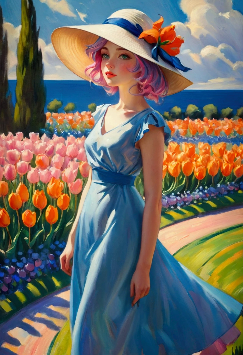 ((Inspired by Charles Camoin)), (Impressionist Painting), 1 Girl，elegant dress，View from the side，Looking at the audience，(Half blue half pink hair)，water，cloud，Sun hat, [Orange tulip flowers], ((best quality, masterpiece)), projected inset,vanishing point,backlighting