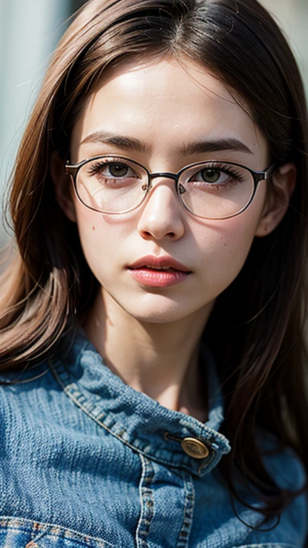 (masterpiece:1.2, highest quality), (Realistic, photoRealistic:1.4), Beautiful illustrations, (Natural Side Lighting, Cinema Lighting), Written boundary depth, Beautiful thighs staring at the viewer, (((Face Focus, Upper Body))), 1 female, 30-year-old, alone, thin, slender, small breasts!!!, Long Hair, Curly Hair, Forehead, Forehead, Forehead, Forehead, thin, slender, glasses, whiite sweater, jeans, Are standing, ((Close-up)), ((Close-up)), ((Close-up))