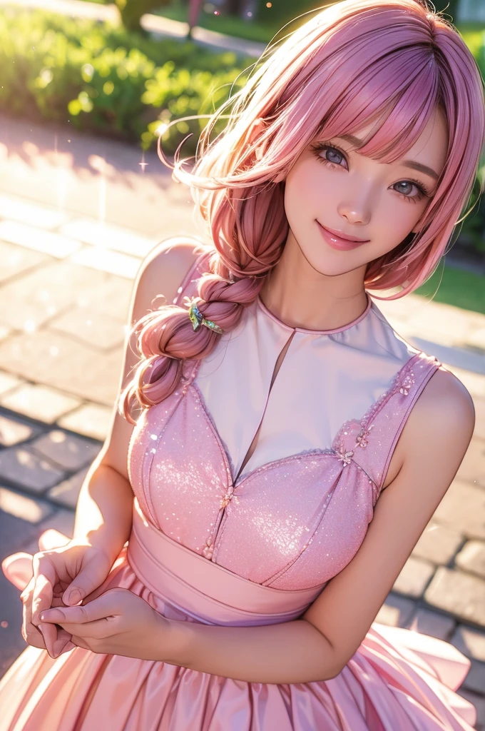 image quality:Highest Quality
Camera Focus: Blur the background
light:sidelight
person:20-year-old female,Japanese,
tracing: gal model 、Bright light、
Daytime hairstyles: Short Bob、With bangs
dress:GalSee-throughCasualPastel pinkExpression: The best smile、gal sparkling effect, Lens flare, universe、
flowerpunk、Subtle gradient effect