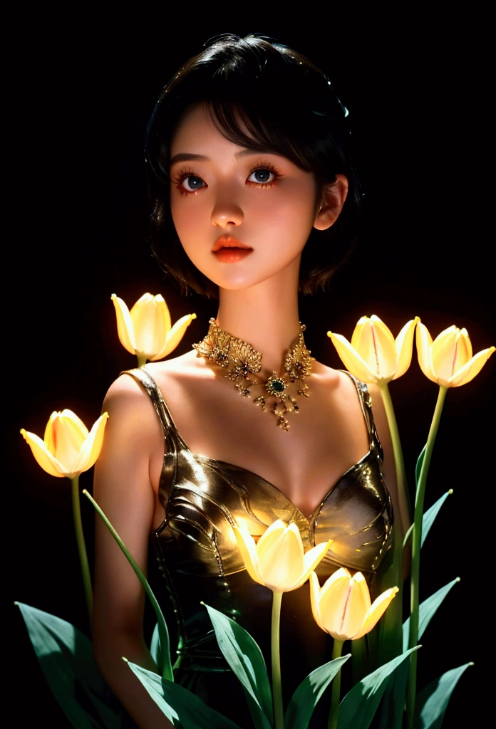 high resolution, masterpiece, Ruka Sarashina, Short hair, black hair, (alone), 1 woman, cute, Glowing tulip flowers brighten up the dark cave interior, detailed eyes, (black eye), Very large tulip flowers that shine like lights, vivid colors, 