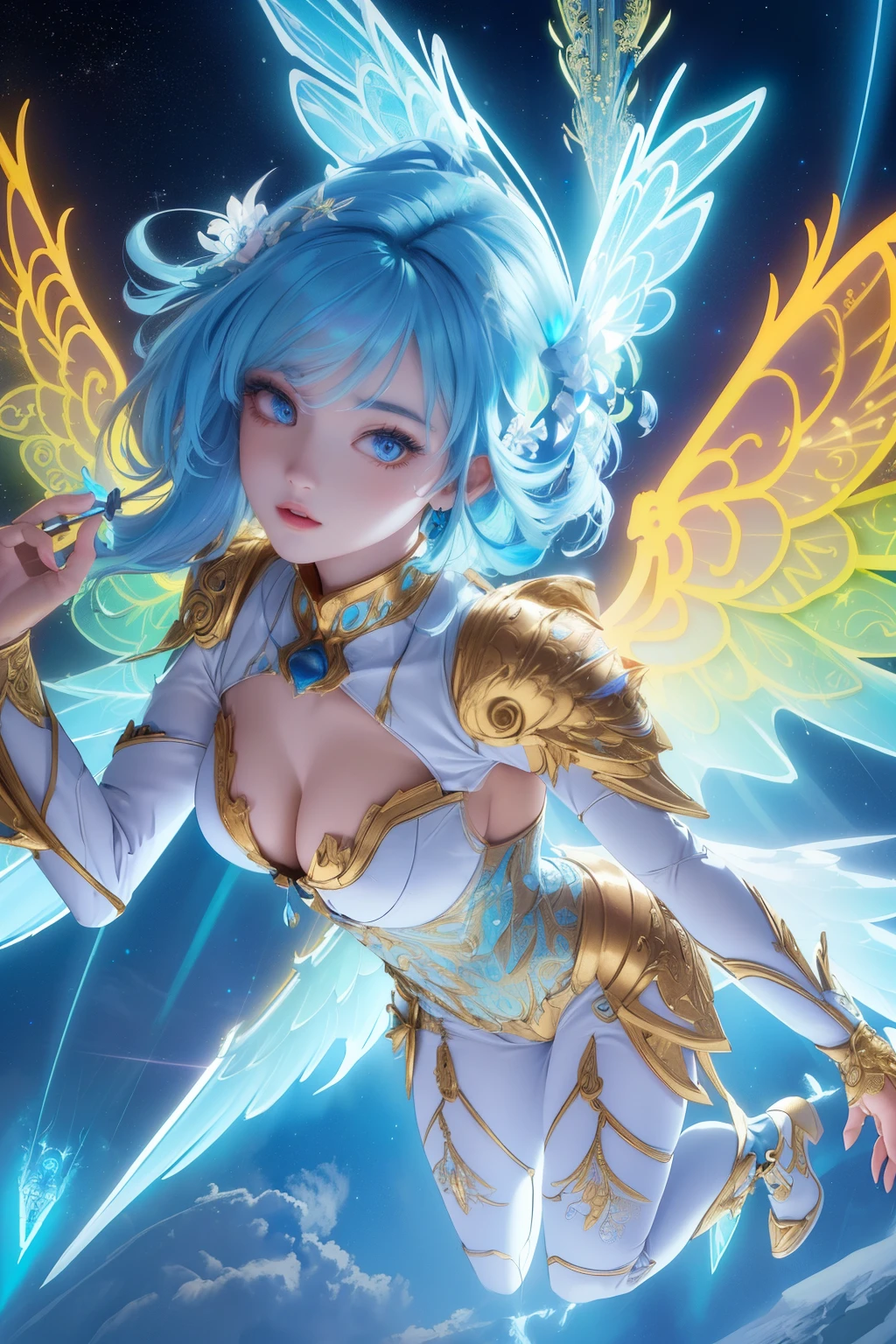 (best quality, masterpiece, colorful, dynamic angle, from below, highest detailed)upper body photo, full body photo, fashion photography of cute mechangel, glowing 4 wings, solo, glowing armor, glowing halo, building, glowing mechanical 4 wings (intricate details, hyperdetailed:1.15), detailed, light passing through hair, (official art, extreme detailed, highest detailed), HDR+