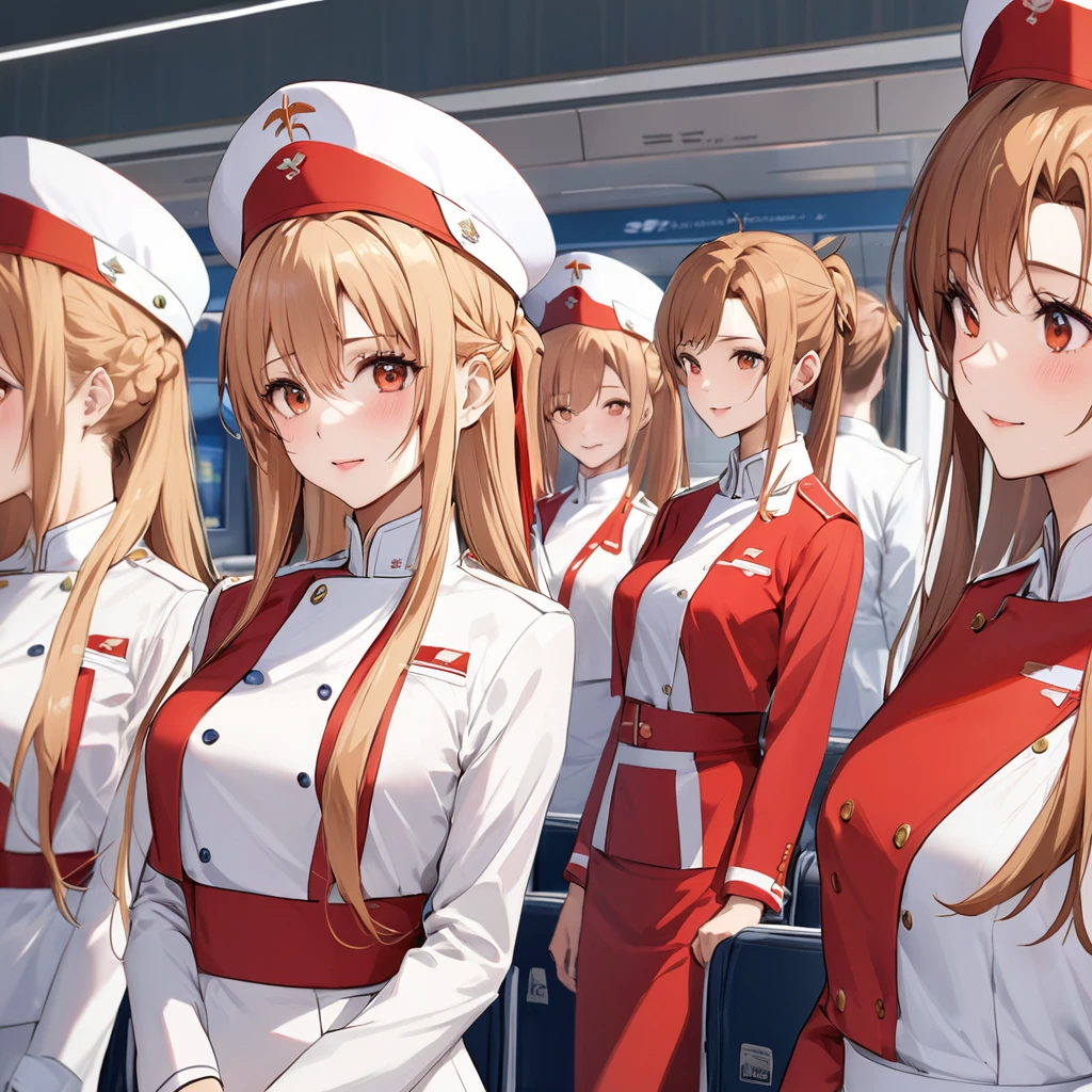 ((Highest quality)), ((masterpiece)), (detailed), （Perfect Face）、The woman is Yuuki Asuna, a flight attendant for Shandong Airlines, a Chinese woman with light brown, medium-long hair.、The woman is wearing a red Shandong Airlines flight attendant uniform, a uniform scarf and a uniform hat.、She is wearing the bright red uniform that is so typical of China.、Flight attendants were photographed gathering in a line.