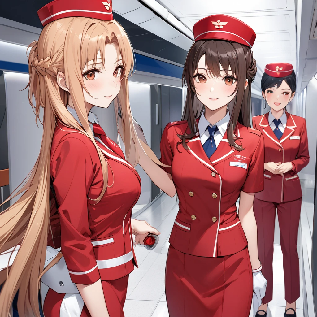 ((Highest quality)), ((masterpiece)), (detailed), （Perfect Face）、The woman is Yuuki Asuna, a flight attendant for Shandong Airlines, a Chinese woman with light brown, medium-long hair.、The woman is wearing a red Shandong Airlines flight attendant uniform, a uniform scarf and a uniform hat.、She is wearing the bright red uniform that is so typical of China.、Flight attendants were photographed gathering in a line.