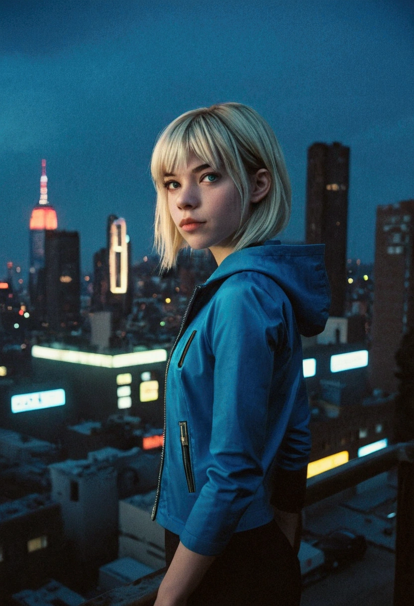 analog film photo, photo of a Gwen Stacy from Into the Spider-Verse, blonde emo shag undercut, blue eyes, resembles Hailee Steinfeld, posing above an apocalyptic city skyline, nighttime, RAW Photograph, dslr, soft lighting, high quality, film grain, Fujifilm XT3, detailed skin with visible pores, insane details, masterpiece, 8k, 35mm photograph, dslr, kodachrome, faded film, desaturated, grainy, vintage, Lomography, stained, highly detailed, found footage, full-body shot 