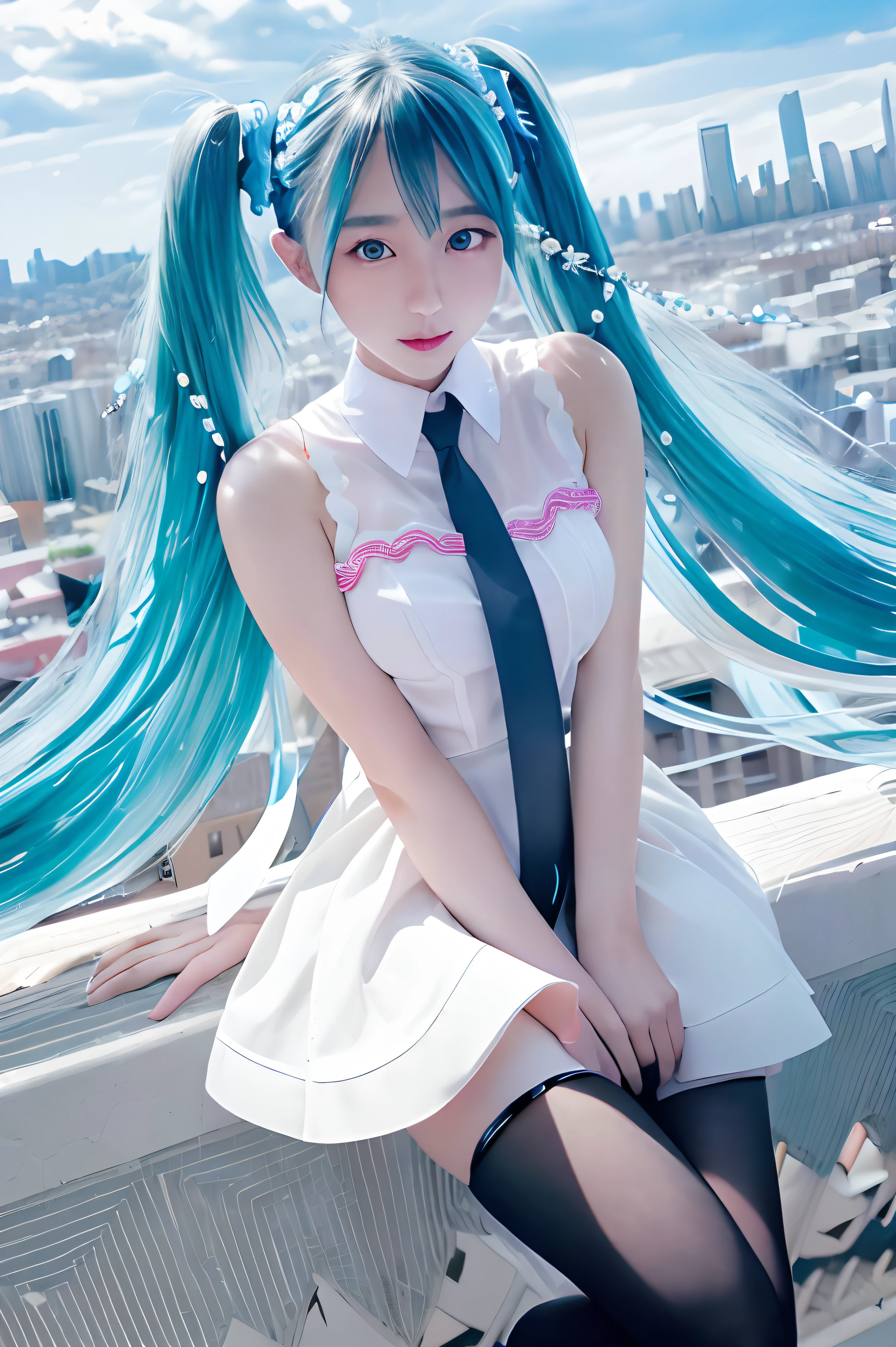 miku hatsune、Official Art, masterpiece, Sharp focus, (Beautiful gorgeous and cute Korean woman:1.3), (Beautiful and cute Korean woman:1.3), Korean Beauty, Delicate and beautiful hair, eyes and face, Realistic, Ultra-detailed, Beautiful girl, blue sky, Glowing White Particles, (Side light:1.2), Light of the sun, White cloud, Sunny clouds, Slender, Beautiful breasts and big ass, Smiling with teeth showing, ((Smile with your eyes, Open both eyes)), Scenic, Blunt bangs、Sexy look、building、(Cityscape:1.7)、Dynamic Hair、Twin tails、Green Hair、Glowing blue eyes、(Blue pleated shirt + White Skirt)、White long socks、White skin、hair ornaments、Spectacular landscapes、