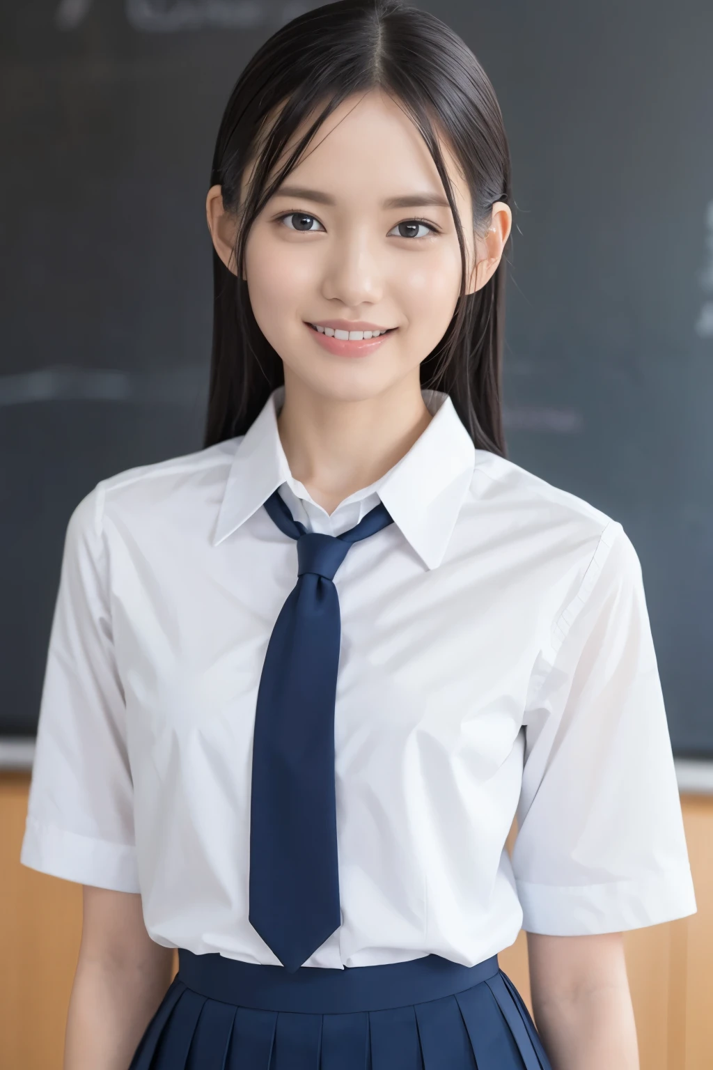 (Highest quality、Tabletop、8k、Best image quality、Award-winning works)、Cute school girl、(White polyester collared shirt:1.1)、(Navy Pleated Skirt:1.1)、Girl portrait photography、Glowing Skin、Standing Elegantly、(Perfect blurred school classroom background:1.1)、(Classroom large blackboard background:1.2)、smile、Smiling with beautiful teeth、(Face close-up:1.3)、(Accurate anatomy:1.1)