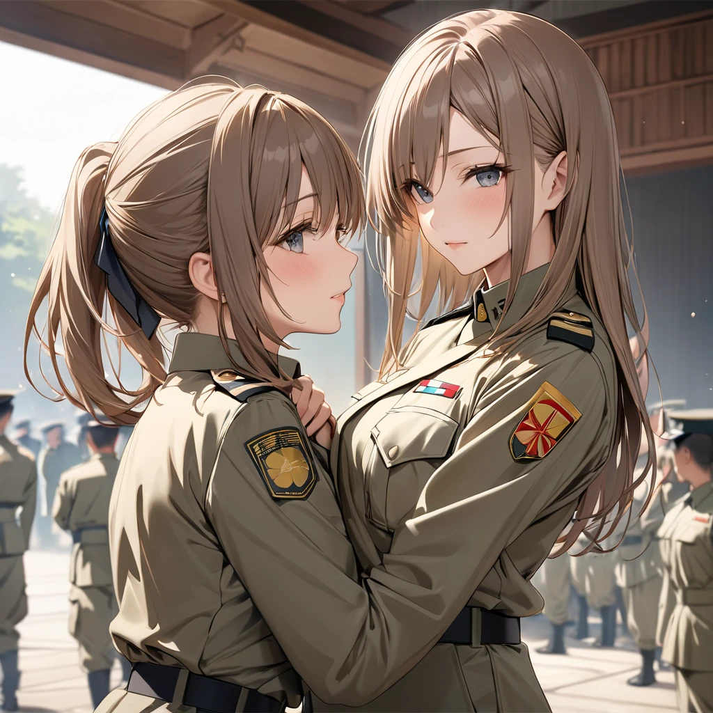 ((Highest quality)), ((masterpiece)), (detailed), （Perfect Face）、The woman is Asuna Yuki, a female member of the Japanese Self-Defense Forces. She has light brown, semi-long hair and is a female member of the Japanese Self-Defense Forces, dressed in the full khaki uniform of the Self-Defense Forces.、The woman is an exemplary member of the Self-Defense Forces and is taking part in the ceremony.、The woman&#39;s whole body is visible