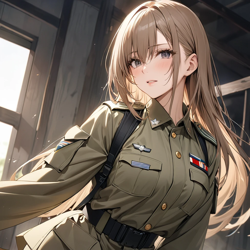 ((Highest quality)), ((masterpiece)), (detailed), （Perfect Face）、The woman is Asuna Yuki, a female member of the Japanese Self-Defense Forces. She has light brown, semi-long hair and is a female member of the Japanese Self-Defense Forces, dressed in the full khaki uniform of the Self-Defense Forces.、The woman is an exemplary member of the Self-Defense Forces and is taking part in the ceremony.、The woman&#39;s whole body is visible