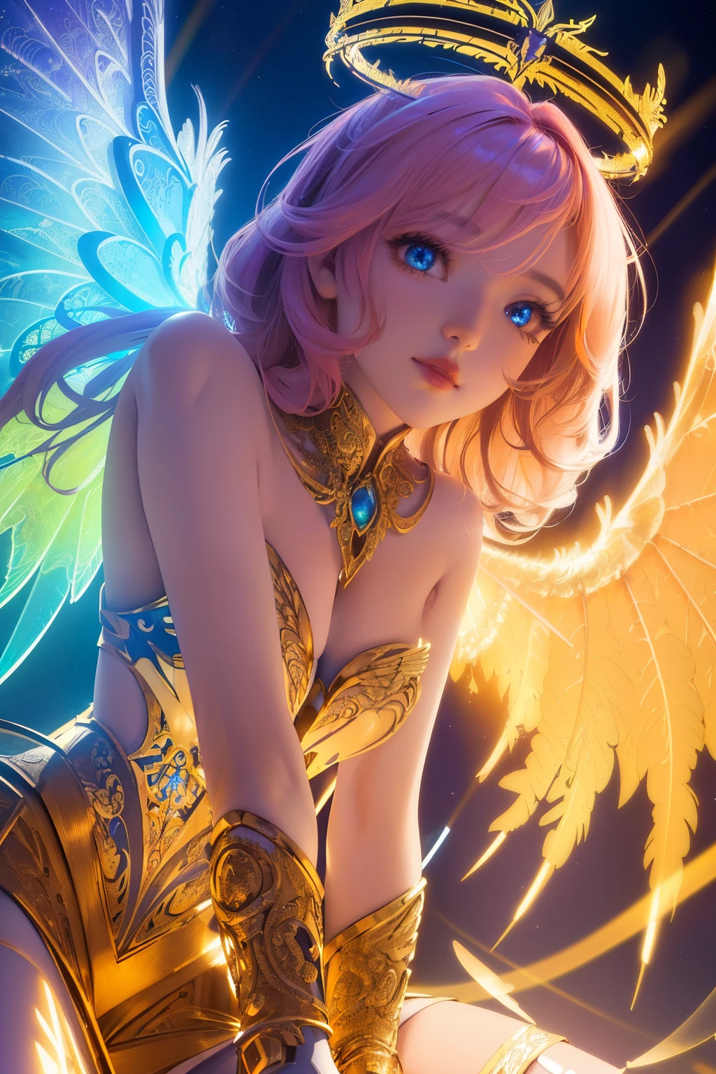 (best quality, masterpiece, colorful, dynamic angle, from below, highest detailed)upper body photo, full body photo, fashion photography of cute mechangel, glowing 4 wings, solo, glowing armor, glowing halo, building, glowing mechanical 4 wings (intricate details, hyperdetailed:1.15), detailed, light passing through hair, (official art, extreme detailed, highest detailed), HDR+