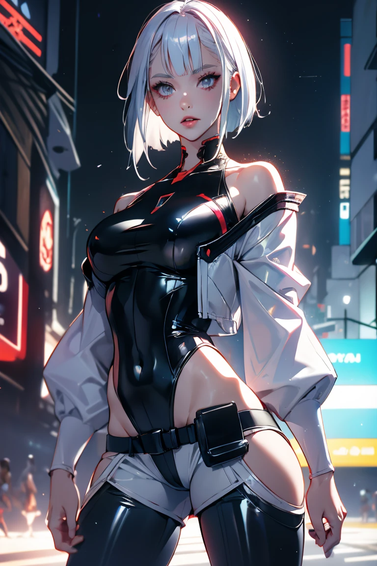 Woman with open mouth and closed eyes, ((Shiny skin))、((Wet and shiny tongue)) , 2 pic in 1 , before and after sex , masterpiece, highest quality, super detailed, ultra high resolution, realistic, 4K, 8k, highest quality, masterpiece, best image quality, Super detailed, ultra high resolutionolution, realisticDescription, Cyberpunk , lucy \(cyberpunk\), 1girl, against railing, arm rest, bangs, bare shoulders, belt, black belt, black leotard, black pants, blurry, bob cut, breasts, building, cigarette, cityscape, clothing cutout, cropped jacket, cyberpunk, depth of field, from side, gradient eyes, grey eyes, grey hair, holding, holding cigarette, jacket, leotard, lips, long sleeves, mechanical parts, medium breasts, multicolored eyes, multicolored hair, off shoulder, open clothes, open jacket, outdoors, pants, parted lips, railing, red eyeliner, short hair with long locks, short shorts, shorts, sidelocks, solo, thigh cutout, upper teeth only, white jacket, white shorts, cyberpunk \(series\), cyberpunk edgerunners, kneel pose , looking at viewer
