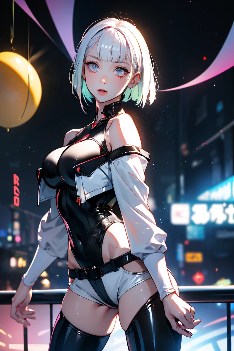 Woman with open mouth and closed eyes, ((Shiny skin))、((Wet and shiny tongue)) , 2 pic in 1 , before and after sex , masterpiece, highest quality, super detailed, ultra high resolution, realistic, 4K, 8k, highest quality, masterpiece, best image quality, Super detailed, ultra high resolutionolution, realisticDescription, Cyberpunk , lucy \(cyberpunk\), 1girl, against railing, arm rest, bangs, bare shoulders, belt, black belt, black leotard, black pants, blurry, bob cut, breasts, building, cigarette, cityscape, clothing cutout, cropped jacket, cyberpunk, depth of field, from side, gradient eyes, grey eyes, grey hair, holding, holding cigarette, jacket, leotard, lips, long sleeves, mechanical parts, medium breasts, multicolored eyes, multicolored hair, off shoulder, open clothes, open jacket, outdoors, pants, parted lips, railing, red eyeliner, short hair with long locks, short shorts, shorts, sidelocks, solo, thigh cutout, upper teeth only, white jacket, white shorts, cyberpunk \(series\), cyberpunk edgerunners, kneel pose , looking at viewer