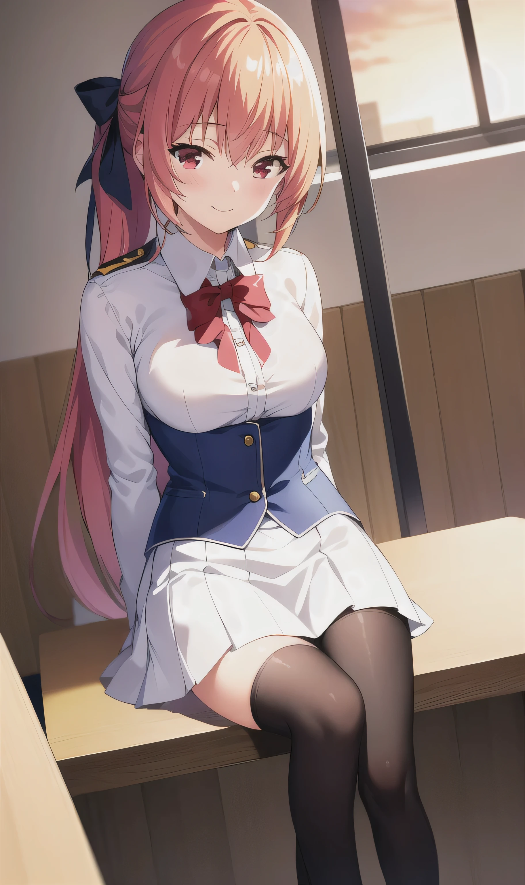 (masterpiece), (best quality), (illustration), (Exquisite and detailed), (high resolution), 1 Girl, Solitary, Looking at the audience,
sit, 
Sunset, (Uniforms), 
Long hair, Red Eyes, Low double ponytail,
Ribbon, White shirt, (blue) skirt, Black over-the-knee stockings, 
Smile, blush,
indoors, window, [architecture], classroom, table, Chair, (coffee:0.5)
