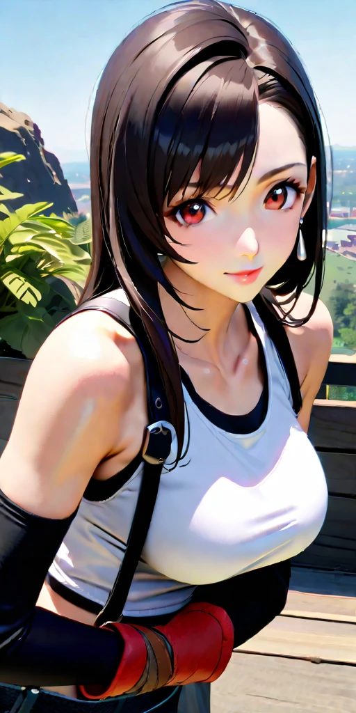 (((((tifa lockhart,Final Fantasy 7:1.5))))),((Highest quality、masterpiece、anime style、best quality、high resolution、8k、detailed、ultra-detailed:1.3))、Long legs:1.2, Beautiful woman with perfect figure:1.4、(Smiling:1.2), double eyelid、30-year-old female、((((One Woman,beautiful face,Beautiful face、Outdoor,upper body:1.5)))),Big Breasts、High resolution, accurate, Anatomically correct, High-resolution model, high quality, Very detailed, Ultra high definition、Black Hair、Straight Hair、Long Hair赤い,オープンフィンガーグローブ
