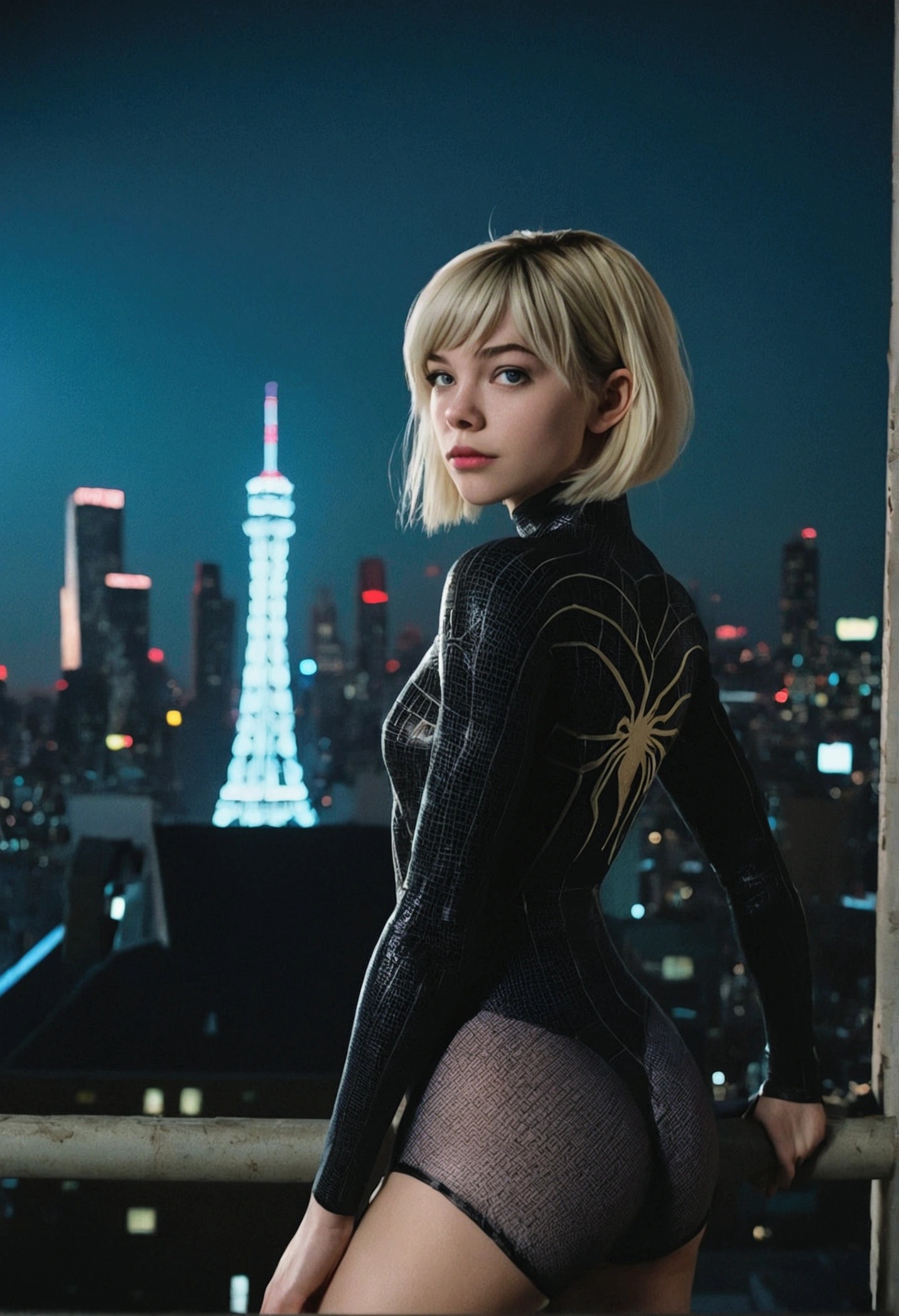 analog film photo, photo of a Gwen Stacy from Into the Spider-Verse, blonde emo shag undercut, blue eyes, very tall, plump round buttocks, resembles Hailee Steinfeld, posing above an apocalyptic city skyline, nighttime, RAW Photograph, dslr, soft lighting, high quality, film grain, Fujifilm XT3, detailed skin with visible pores, insane details, masterpiece, 8k, 35mm photograph, dslr, kodachrome, faded film, desaturated, grainy, vintage, Lomography, stained, highly detailed, found footage, full-body shot