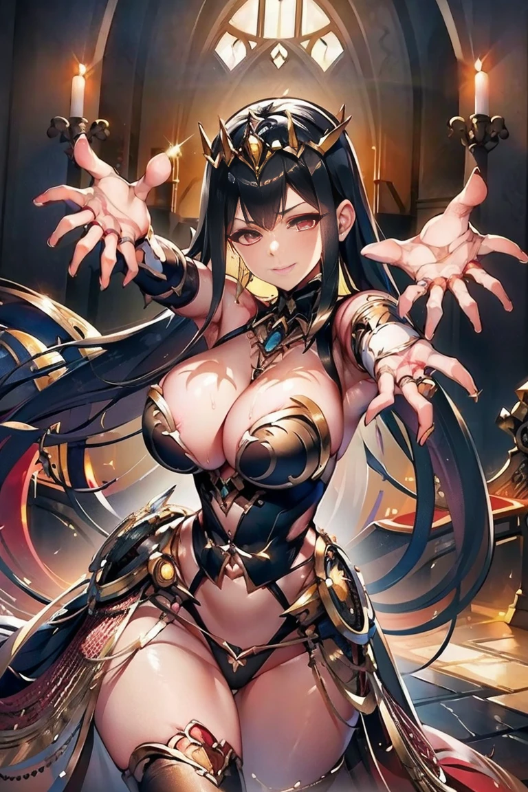 (((outstretched hands, out stretched fingers, outstretched fingers))) black hair, bare shoulder, red eyes, very long hair, cleavage, large breasts, dress, showgirl skirt, high-leg, cleavage cutout, tiara, bare thighs, gauntlets, bare shoulder, bare nails, bare fingers, bare hands, good hands, best hands, Correctly aligned fingers, extremely detailed hands and fingers, ultra detailed hands and fingers, super detailed hands and fingers, perfect female hands and fingers, biologically accurate hands and fingers, 4 fingers and 1thumb accurate hands and fingers, beautiful hands and fingers, hands and fingers drawing, human hand and fingers, perfect arrangement of fingers, detail focus hands, perfection hands, better hands, adult face, fearless face, both arms, two arms, both hands, two hands, super fine illustration, masterpiece, masterwork, by famous artist, official art, ultra high res, best quality, high quality, Hand, detailed, perfect, perfection , hands, both hands is Thumb and index finger and middle finger and ring finger and little finger, even hands, panties, thighhighs, symmetrical bangs, gleaming skin, oil skin, shiny skin, wet skin, sweat, rouge, exquisite, beautiful,cg unity 8k wall paper, perfect face, ultra detailed beautiful face, perfect nose, perfect mouth, clear eyes, light eyes, perfect eyes, symmetrical eyes, even eyes, 16k, absurdres, perfect body, perfect anatomy, perfect proportion, perfect arms, perfect torso, symmetrical hands, symmetrical arms, reaching down fingers, (((reaching down arms))), reaching down hands, spread fingers, good hands, best hands,