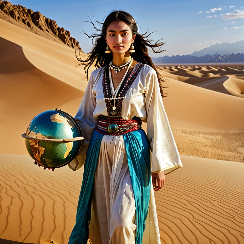 Alafi woman in traditional costume holding a small drum in the desert, a young woman in shamanic costume, a girl holding a Earth sphere, the scenery of the film Silk Road, beautiful youth, portrait shot, ancient princess Lieb, the vanishing line of the desert is below the woman's waist, the sky is clear and transparent.