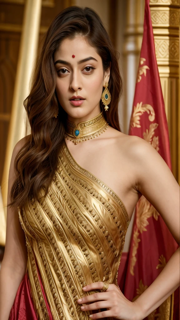 Looks like Sandeepa Dhar, "Design an illustration of a stunning and powerful warrior queen with a regal presence. She should possess a combination of strength and grace. Imagine her in ornate, yet practical armor that complements her figure. The armor should be adorned with intricate details and symbols representing her royal lineage and warrior prowess. Her weapon of choice could be a unique and elegant sword or a mythical weapon that reflects her status as a formidable leader.

Her facial features should exude confidence and determination, with piercing eyes that convey both fierceness and wisdom. The queen's hair, whether long or short, should flow dynamically, hinting at her movement in battle. Consider incorporating elements that emphasize her connection to nature or a mythical realm, such as ethereal backgrounds, symbolic animals, or mystical symbols.

Pay attention to the color palette; use rich, bold colors that enhance her royal aura. Experiment with lighting to highlight specific details and create a sense of drama. Ensure that her posture and expression capture the essence of a queen who commands respect and admiration. Feel free to draw inspiration from historical warrior queens or fictional characters, blending elements to create a unique and captivating image."