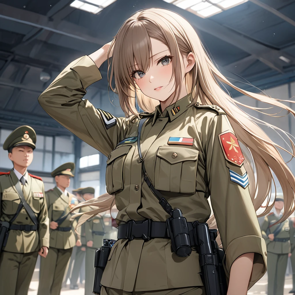 ((Highest quality)), ((masterpiece)), (detailed), (Perfect Face)、The woman is Asuna Yuki, a female member of the Japanese Self-Defense Forces. She has light brown, semi-long hair and is a female member of the Japanese Self-Defense Forces, dressed in the full khaki uniform of the Self-Defense Forces.、The woman is an exemplary member of the Self-Defense Forces and is taking part in the ceremony.、The woman's whole body is visible
